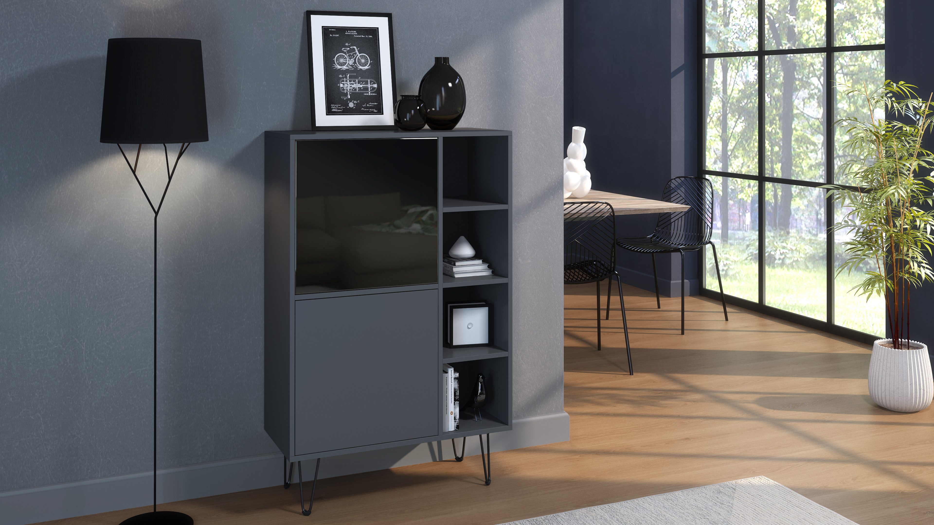 Vladon Sideboard Havana V1 (Schrank mit 2 Türen und 4 offene Fächer, Kommode Made in Germany), Anthrazit matt / Anthrazit matt (124 x 79 x 35 cm)