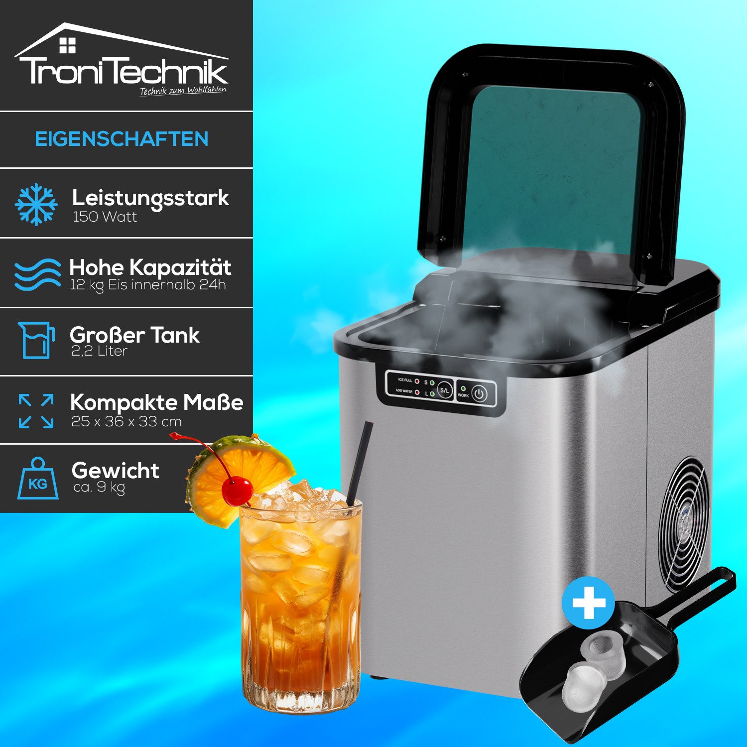 TroniTechnik Eiswürfelmaschine Eiswürfelmaschine Ice Maker Eiswürfelbereiter inkl. Schaufel, Behälter, 2,2 Liter Wassertank, 12kg/24h, Würfelgrößen S/L, 150W, silber