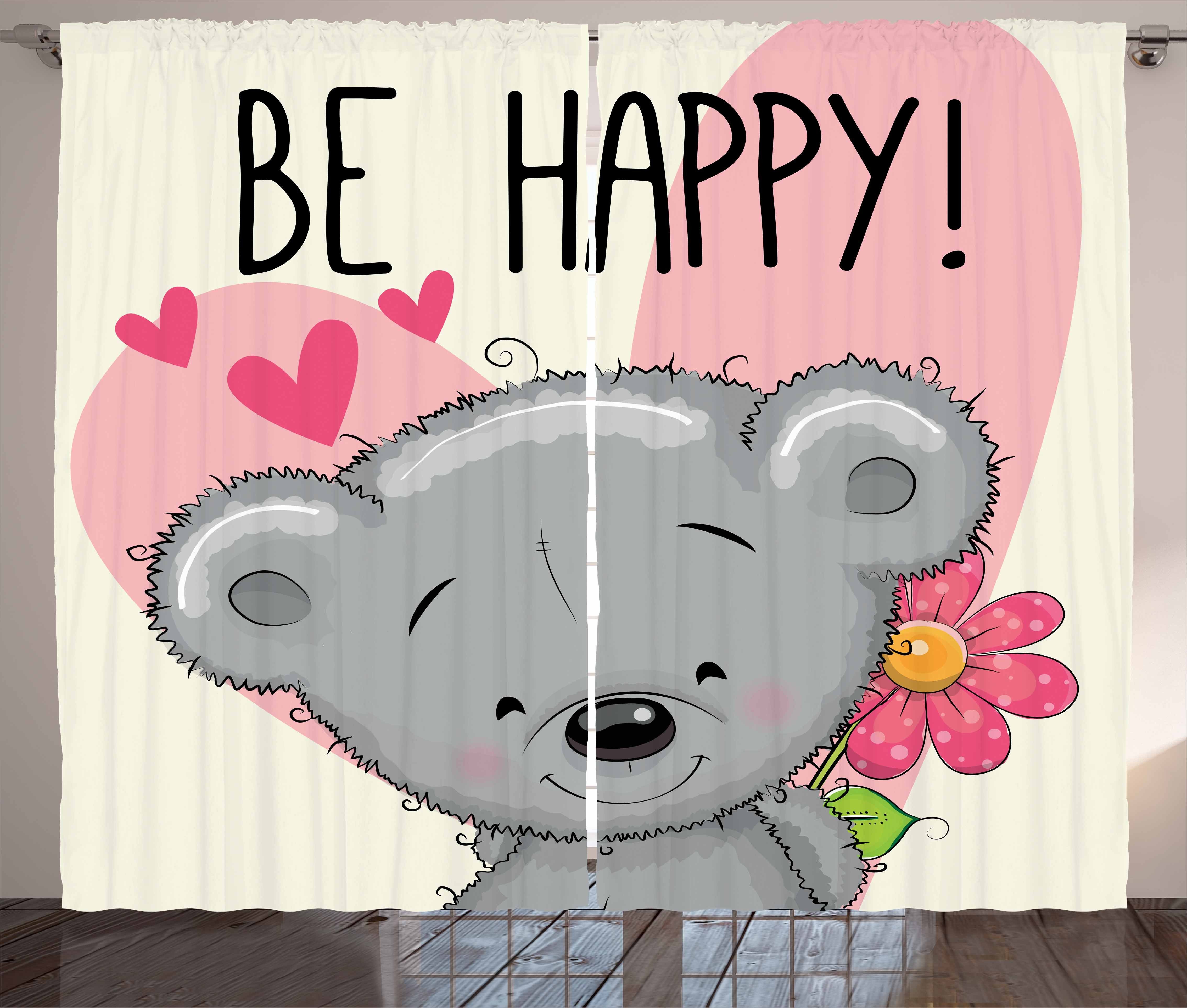 Gardine Schlafzimmer Kräuselband Vorhang mit Schlaufen und Haken, Abakuhaus, Sei glücklich Cartoon Teddybär Blume