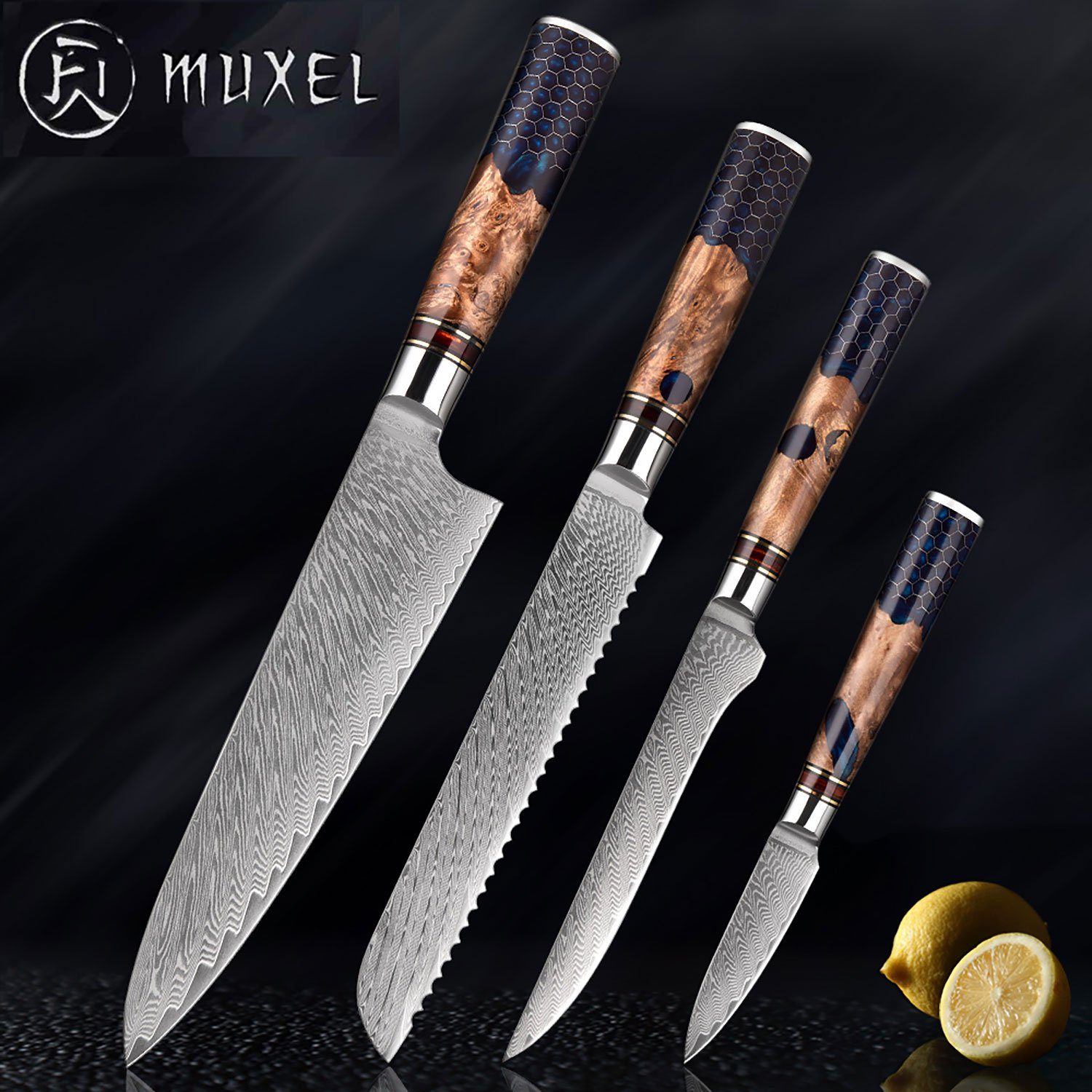 Damastmesser Messer Muxel Kochmesser Messer Unikat 4-Teiliges Jedes Brotmesser Ausbeinmesser, ein Damast Set.