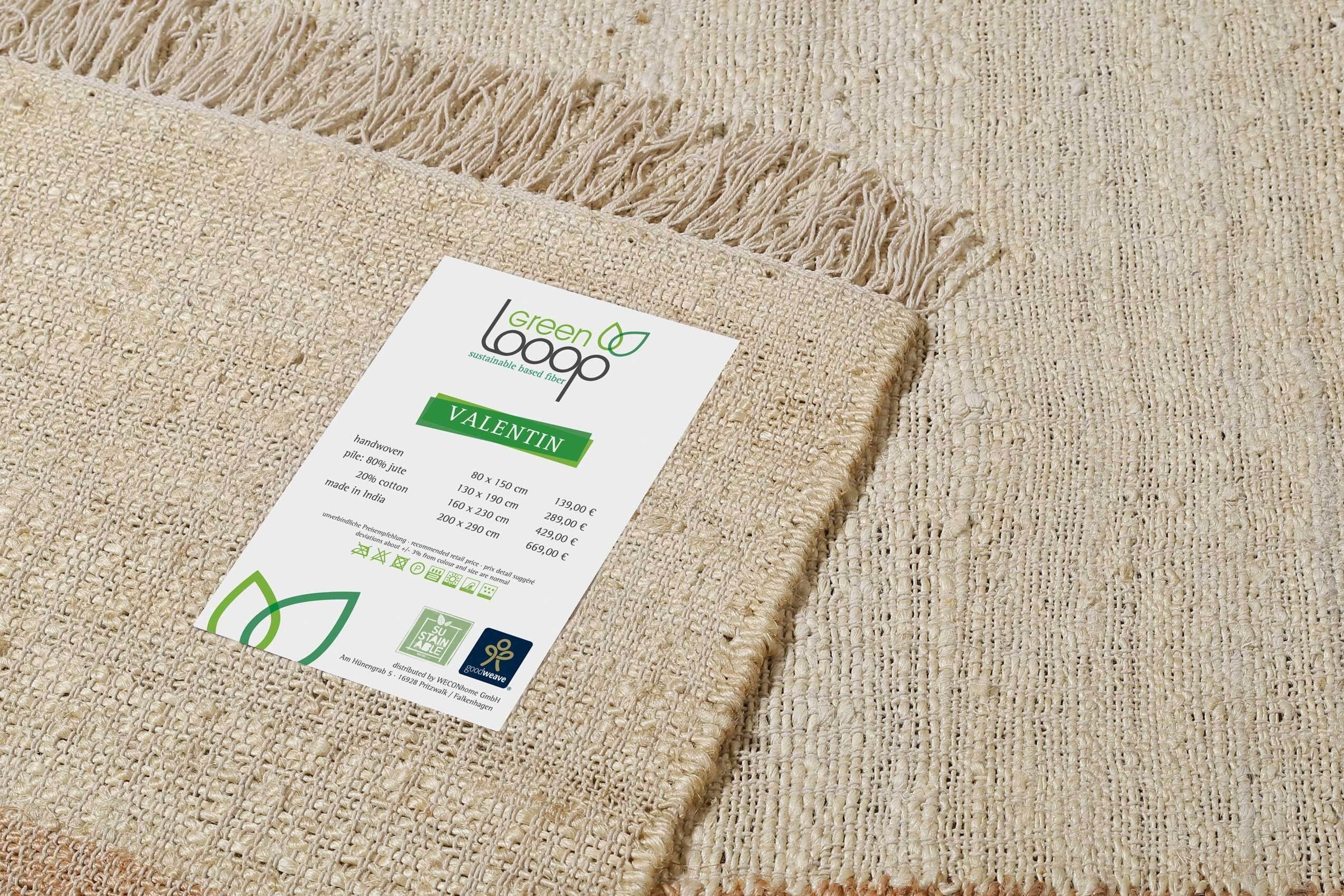 Looop, rechteckig, Green aus Höhe: mm, Baumwollanteil, 4 natürliches Valentin, Design, handgewebt mit Teppich Jute Fransen