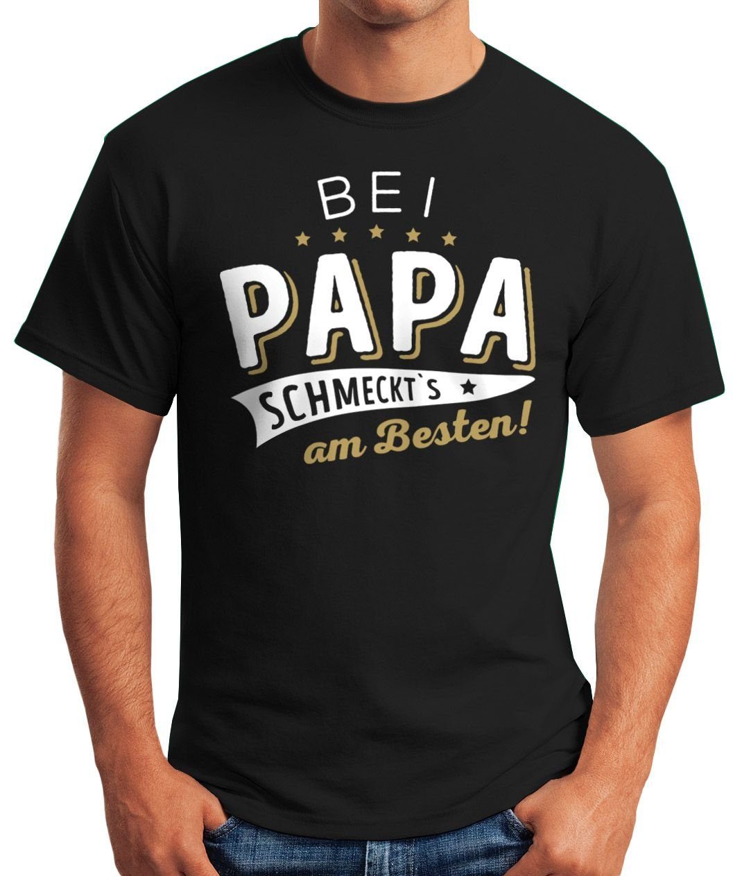 Herren Papa Vater Geschenk schmeckts bei besten 'Koch-Spruch mit MoonWorks Print-Shirt Papa Moonworks® am Spruch T-Shirt Fun-Shirt Print lustig