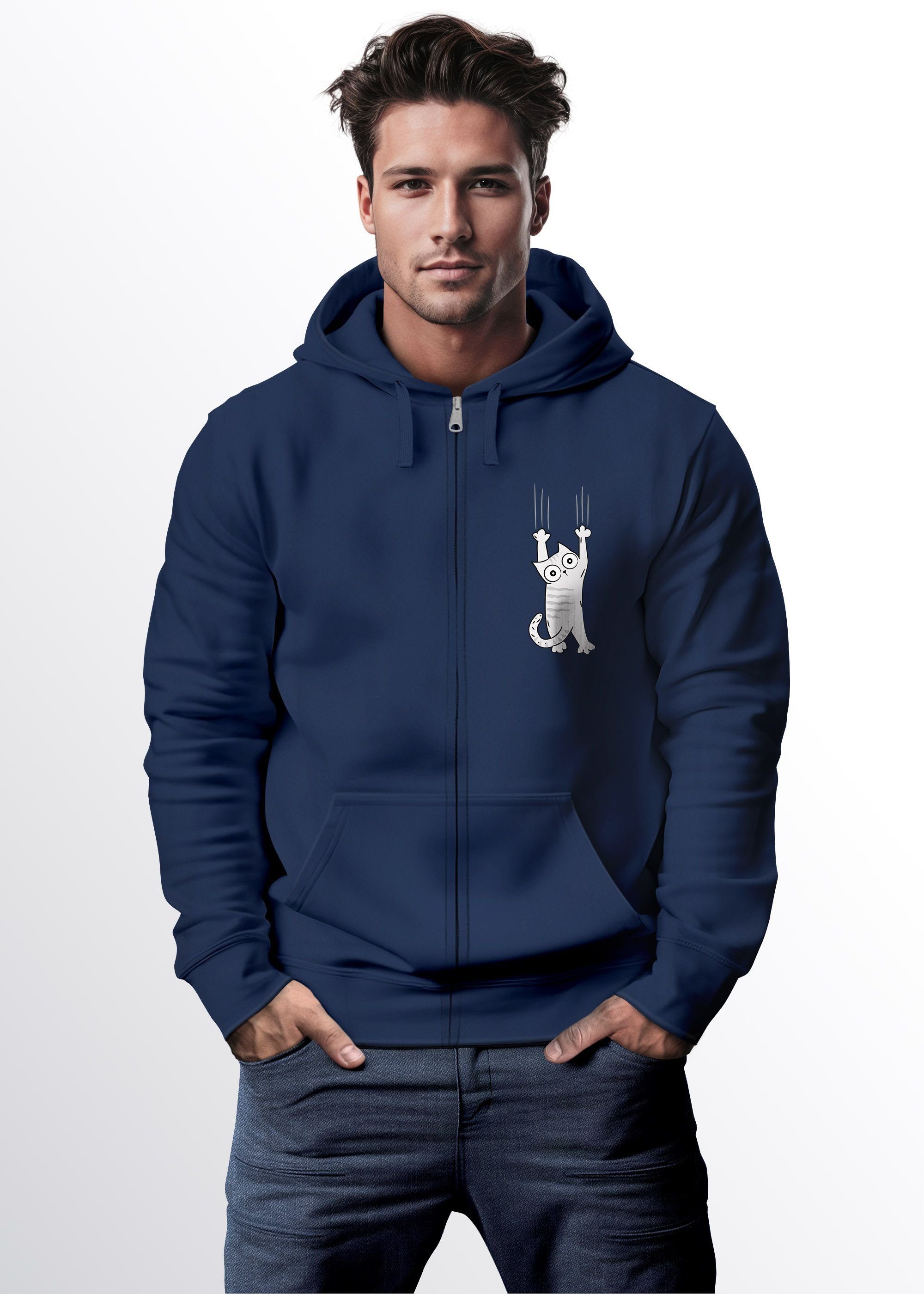 Hoodie Sweatjacke MoonWorks Kapuze Aufdruck Herren Zipjacke Print mit Motiv Zip navy Sweatjacke