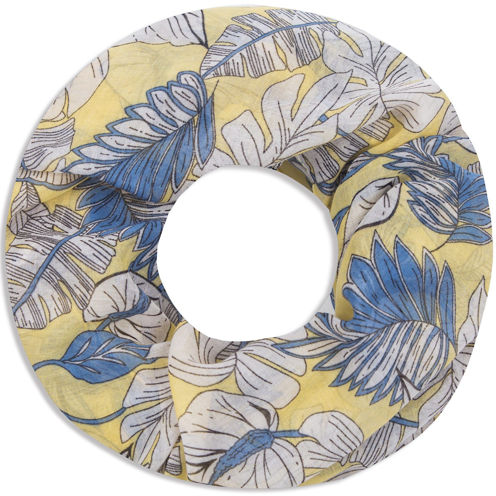 Faera Loop, Damen Schal weich und leicht florales Muster aus Blättern und Blüten Loopschal Rundschal gelb