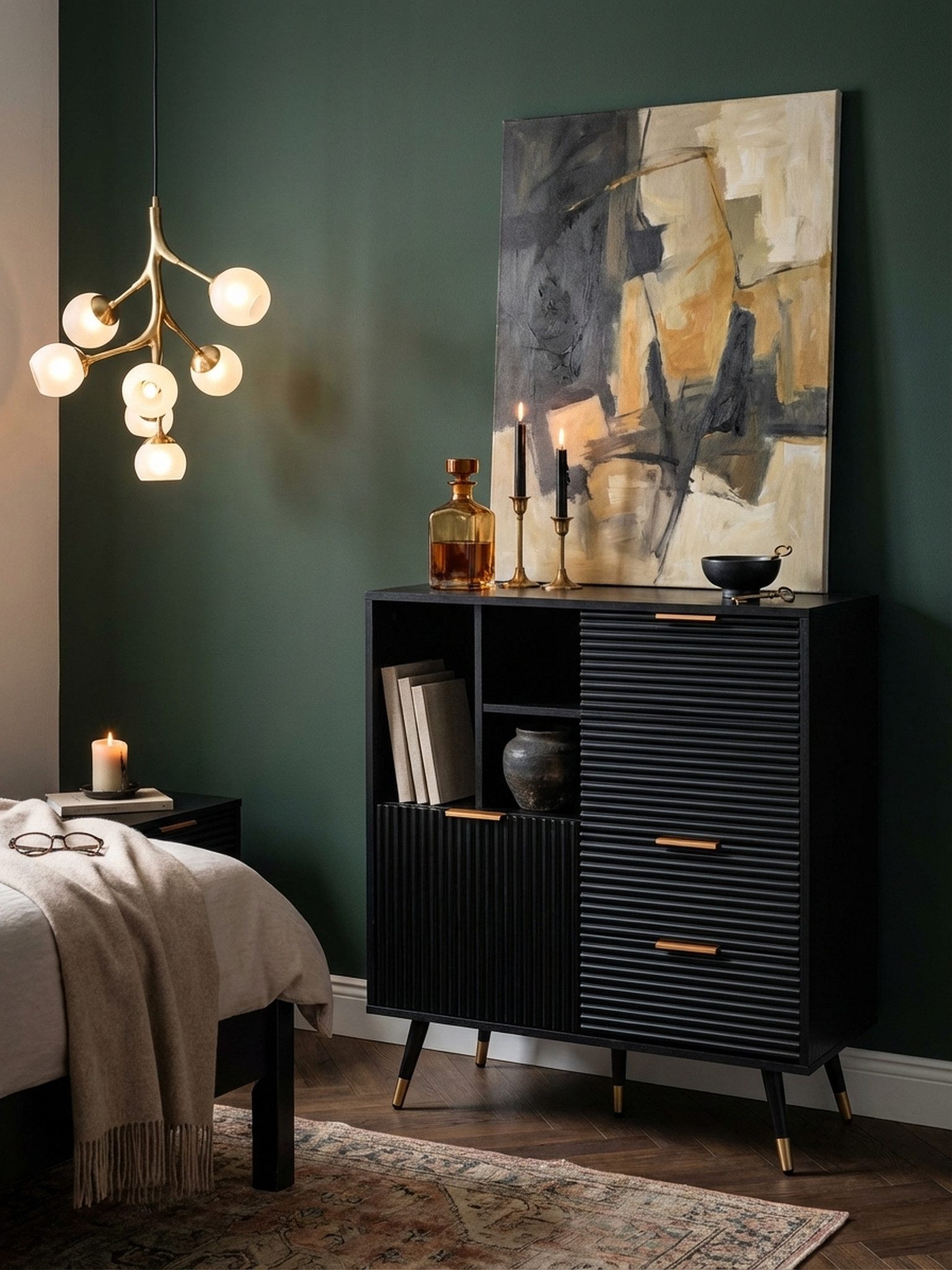 KADIMA DESIGN Kommode Sideboard 77x97x40 cm Anrichte Schwarz mit Eiche-Dekor, Kommode mit (Standschrank Wohnzimmer Metallbeine), Türen und Schubladen, Kommodenschrank Flurschrank mit Regal Modern
