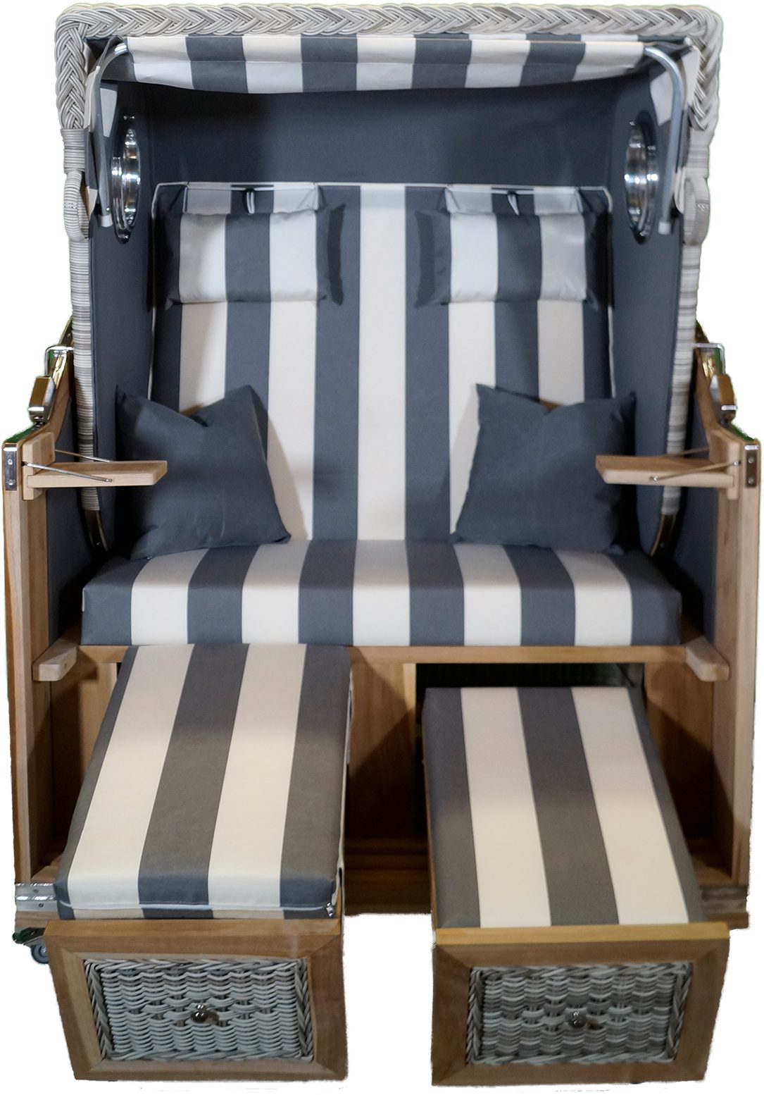 Strandkorb-King Strandkorb Strandkorb Teak grau / cremeweiß Stoff 2 Sitzer Voll-Liegemodell, BxTxH: 125x95x160 cm, 2 Sitzer
