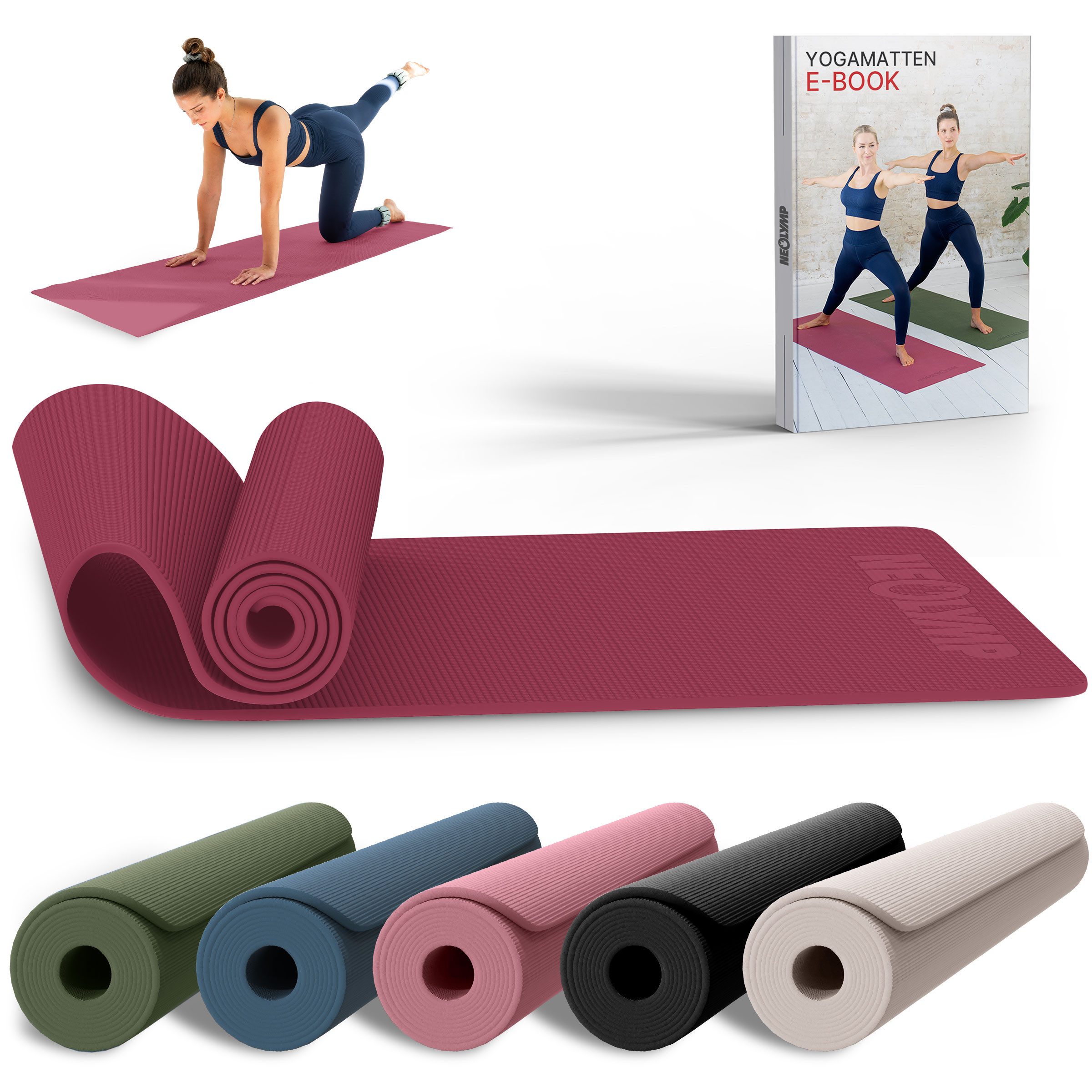 NEOLYMP Yogamatte Yogamatte rutschfest & gelenkschonend – Gelenkschonende Gymnastikmatte (Pilates Matte für Yoga, Workout – inkl. E-Book & Video Übungen), Fitnessmatte für Zuhause – 183x61cm Trainingsmatte aus PVC –Sportmatte