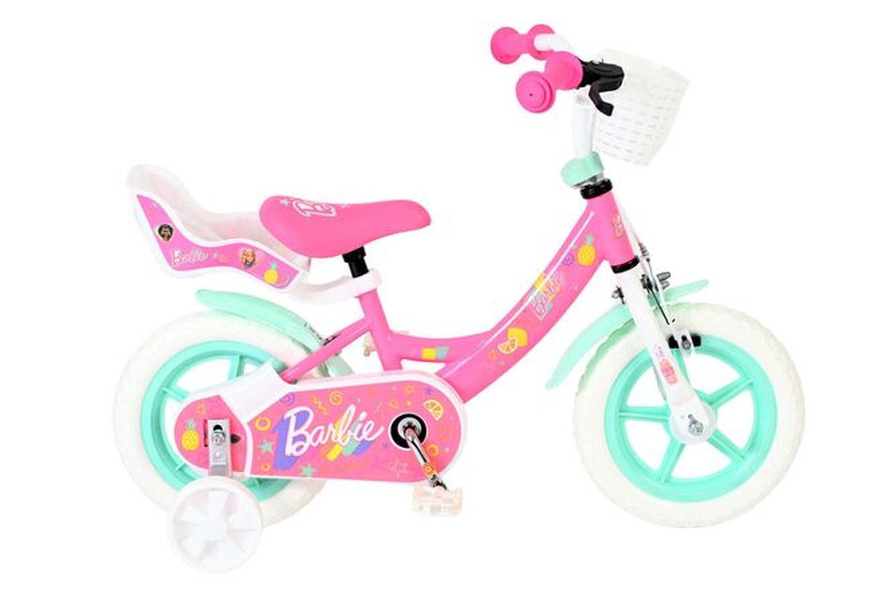 Volare Kinderfahrrad Barbie Mädchen 12 Zoll Rosa mit Mag-Felgen, Stützrädern und Puppensitz, Barbie Lizenz, EVA-Weichprofilreifen, Direktantrieb, Korb vorne