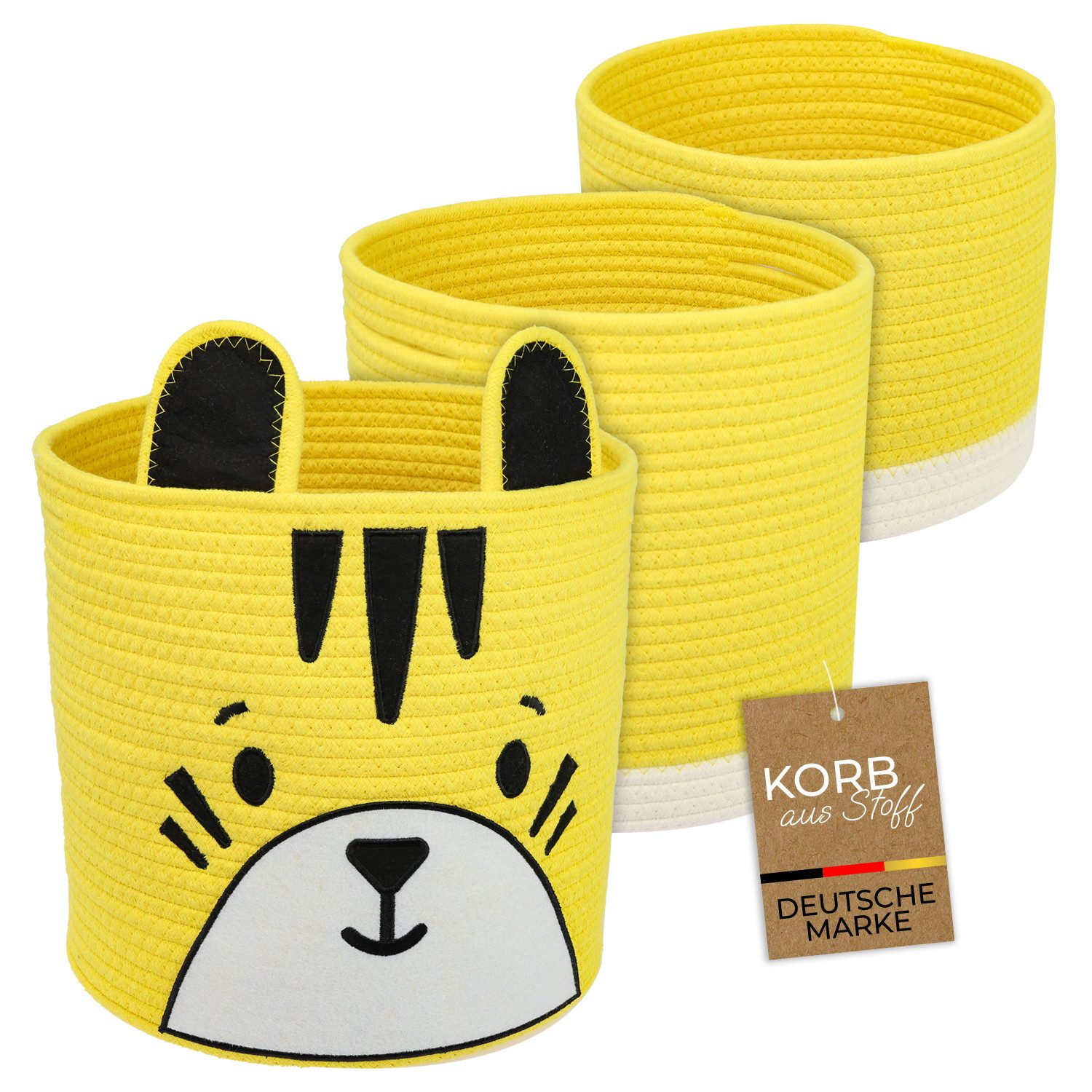 HMF Aufbewahrungskorb Aufbewahrungskorb mit versteckten Griffen (3er, Set), Korb für Kinderzimmer aus Baumwolle, Tiger, Groß, Mittel, Klein