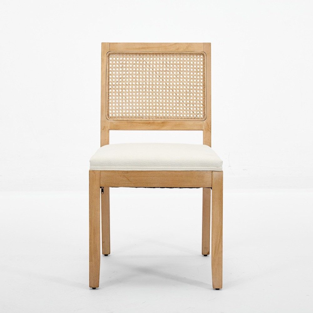 BBWL Esszimmerstuhl 2er Set Rattan Leinen Polsterstuhl Massivholz Mid Century Küchenstuhl, Esszimmerstühle Beige Farmhouse Design – Bild 2 von 5