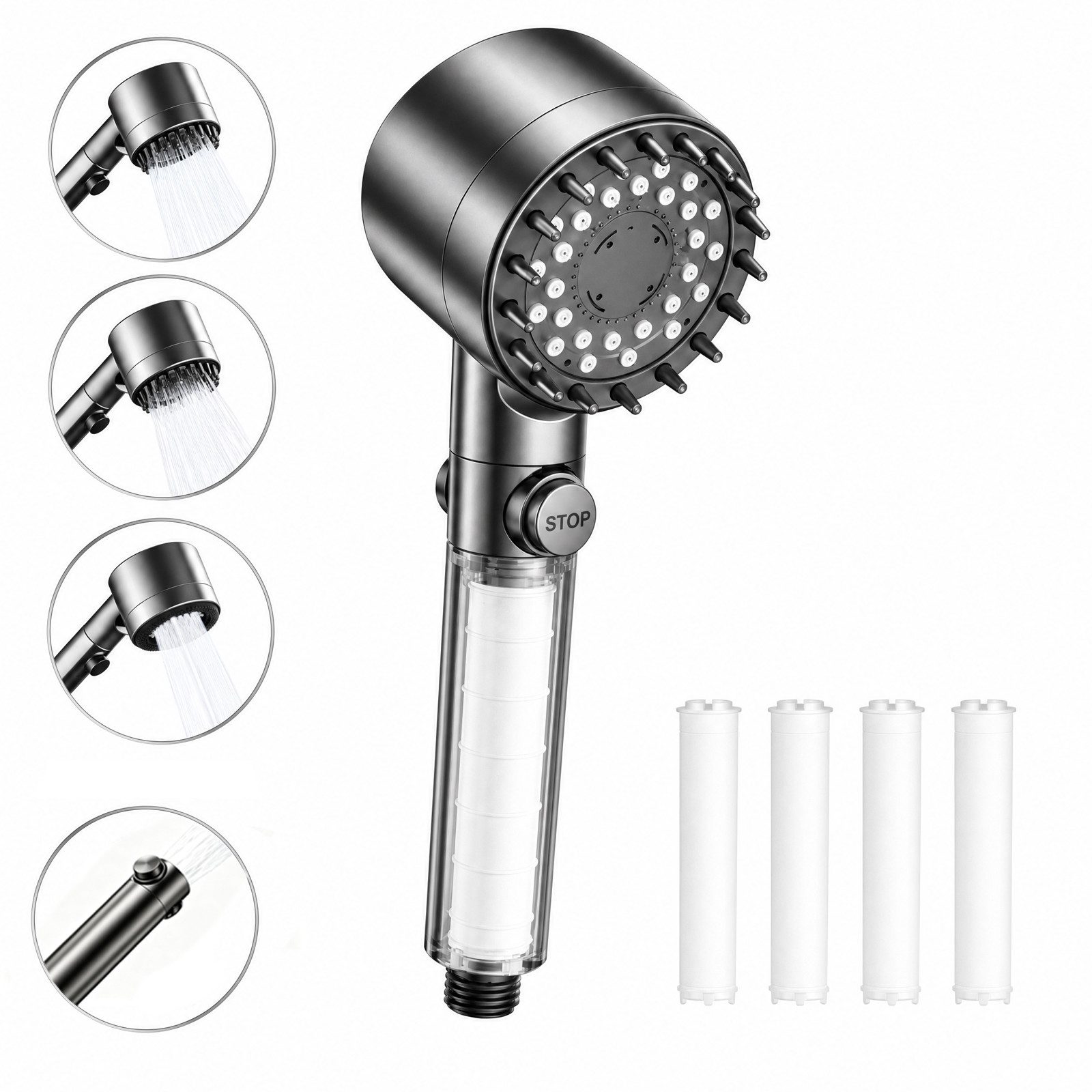 BOOD Handbrause Hochdruck-Duschkopf mit Filter und Ein-Knopf-Stoppfunktion,3 Modi, (Packung, Montage erforderlich), Packungsinhalt Grau1: 1 Handbrause+4 Filterwatten
