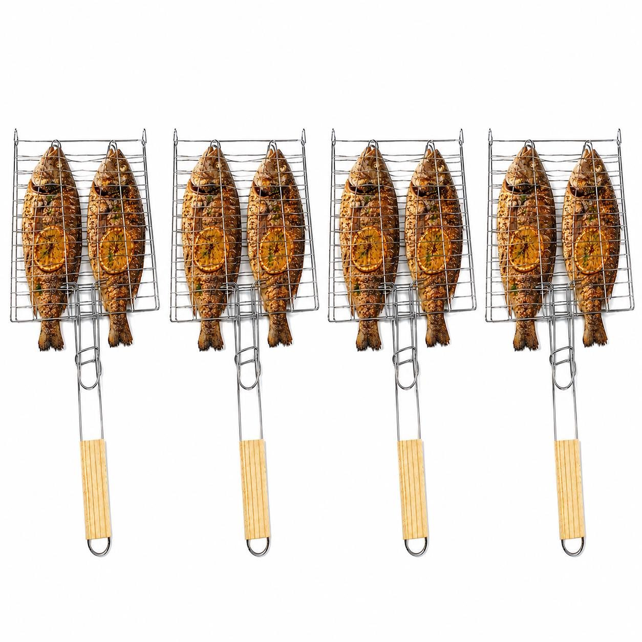 BAYLI Grillspieß Fischbräter 4er Set mit Holzgriff 23,5 x 23,5 cm – Fischkorb Grillkorb