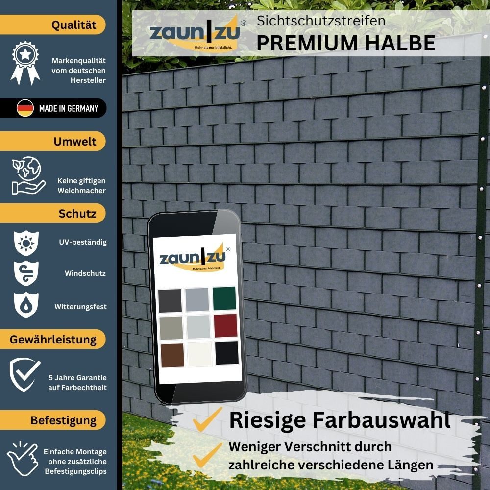 zaunzu Sichtschutzstreifen Premium Halbe Set Einzelstreifen Bordeauxrot 2,55m, (1x Einzelstreifen, (Ein Einzelstreifen besteht aus 2 Halbe-Akzentstreifen), 5 Jahre garantierte Farbechtheit