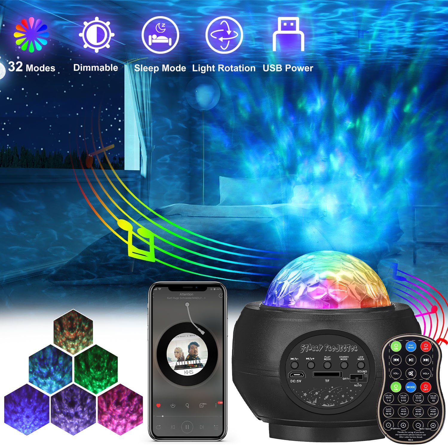 NASUM Diaprojektor Sternenhimmel für Zuhause: LED-Projektor mit Soundfunktion, Enstpannende Wohlfühl-Atmosphäre