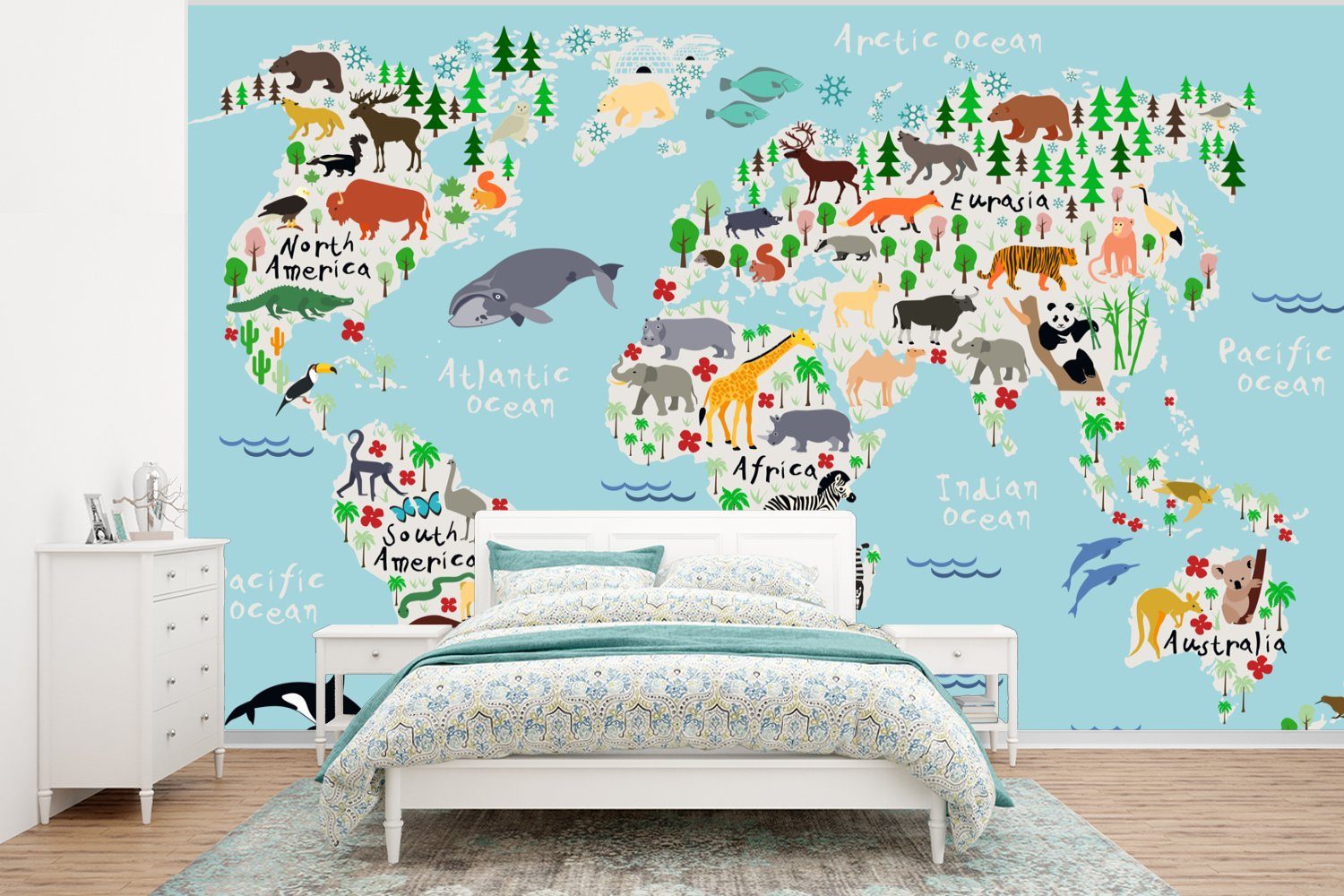 MuchoWow Fototapete Weltkarte - Kinder - Tiere - Blau - Orca - Wal, Matt, bedruckt, (6 St), Wallpaper für Wohnzimmer, Schlafzimmer, Kinderzimmer, Vinyl Tapete