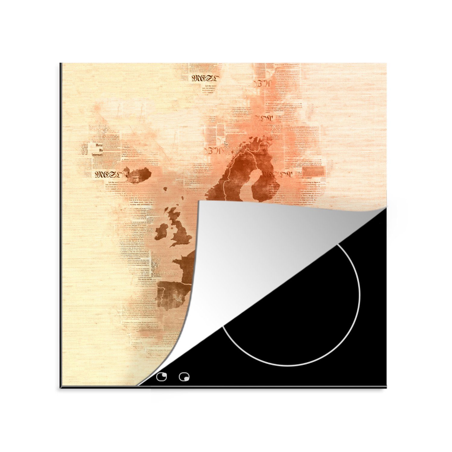 MuchoWow Herdblende-/Abdeckplatte Europa-Karte - Aquarell - Braun - Zeitung, Vinyl, (1 tlg), 78x78 cm, Ceranfeldabdeckung, Arbeitsplatte für küche