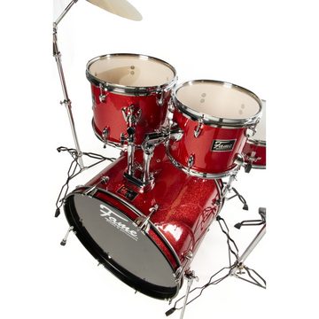 FAME Schlagzeug,FG22B-RD First Gig Rock Set, Red Sparkle, Komplettes Drum-Set, 22 Zoll BassDrum, Pappel-Kessel, Chrom-Hardware, inklusive Becken und Tomhalter, Ideal für Einsteiger, FG22B-RD, Drum-Set, Einsteiger drum set