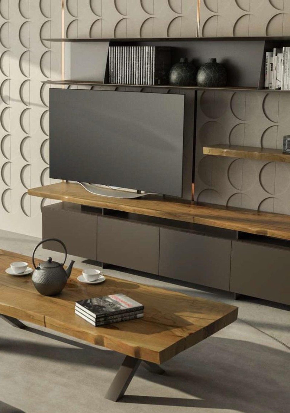 Xlmoebel Wohnwand Moderner TV Ständer mit Wandregalen in Walnuss natur, Made in Europa