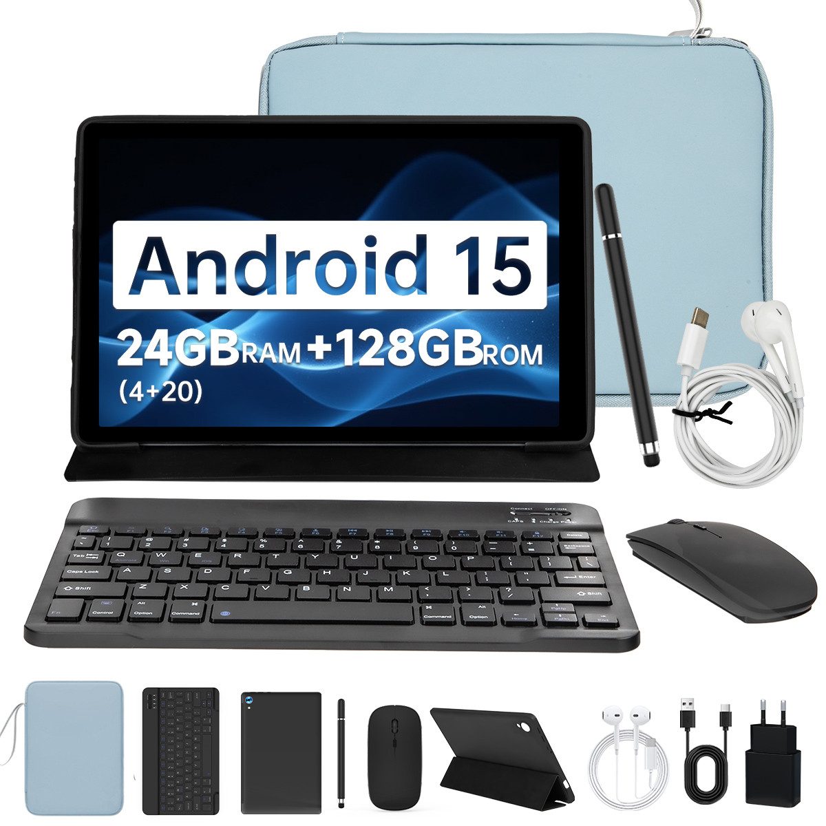 BUFO 10.1 Zoll Android, 4GB/6GB+128GB, 1280x800 HD, incl. Hülle Set Tablet (10", 128 GB, Android 15, Octa core mit Tastatur, Stift, Maus, Hülle, Kopfhörer, WiFi 6 BT 5)