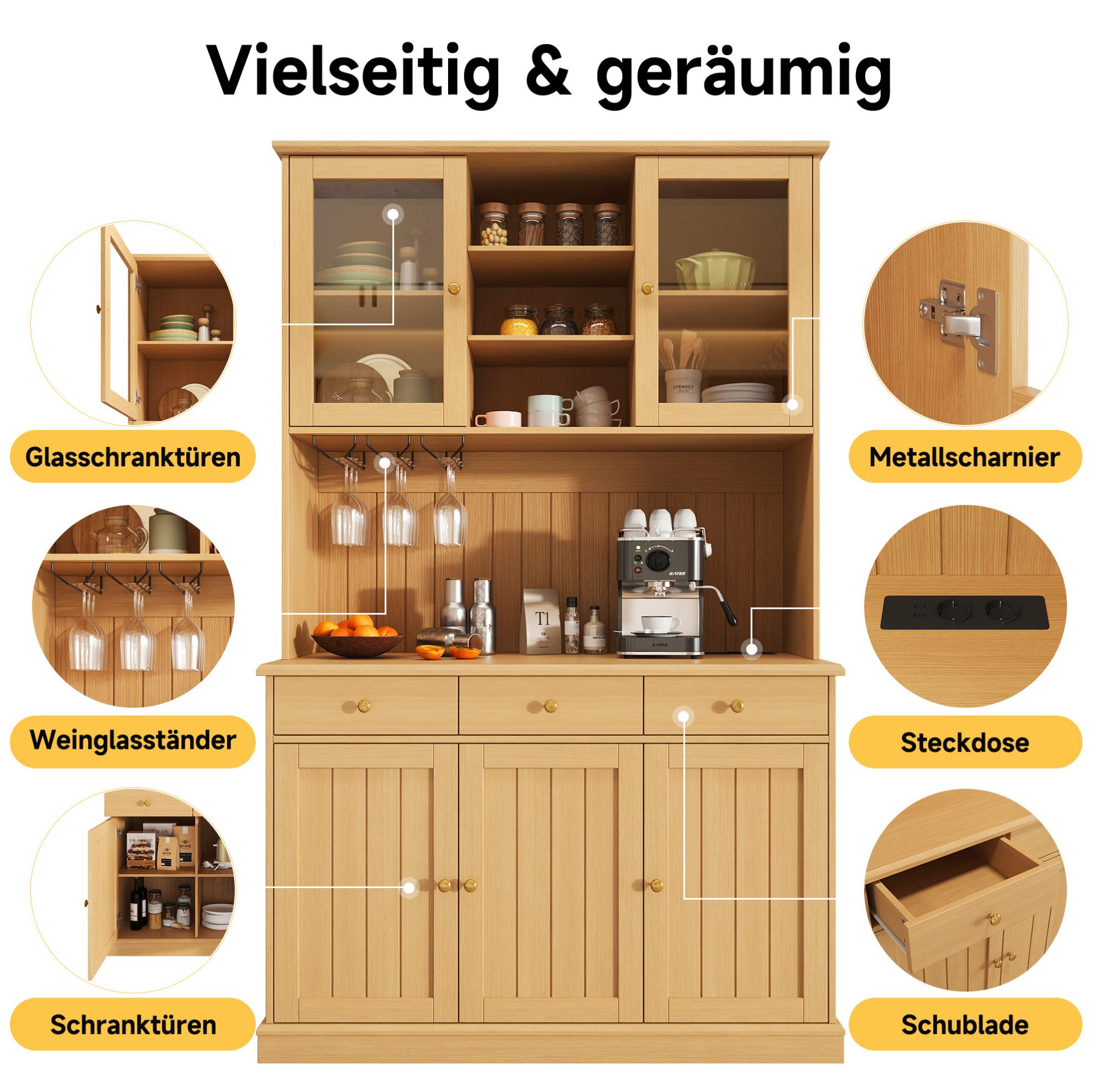 REDOM Hochschrank Esszimmerschrank in Natur mit USB & Steckdose (Packung, 1-St., Natur, 120×40×191 cm, für moderne Küche) Gläserhalter, Glastüren, elegante Optik