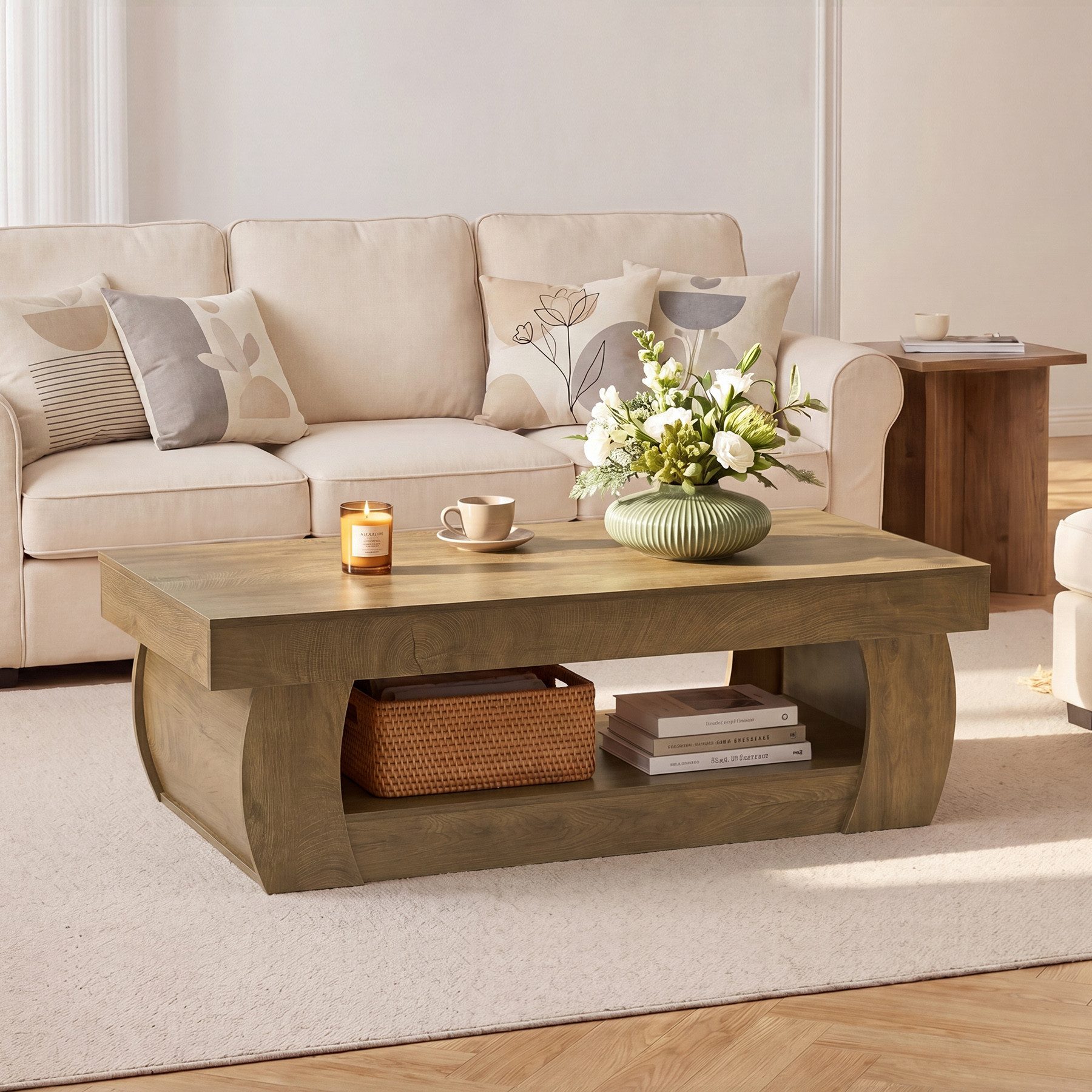Tribesigns Couchtisch 140 cm Rechteckiger Couchtisch mit Ablage, 2 Ebenen Wohnzimmertisch (Packung, Großer Sofatisch Holz für Wohnzimmer, Rustikal Braun), 2 Ebenen Wohnzimmertisch im Landhausstil