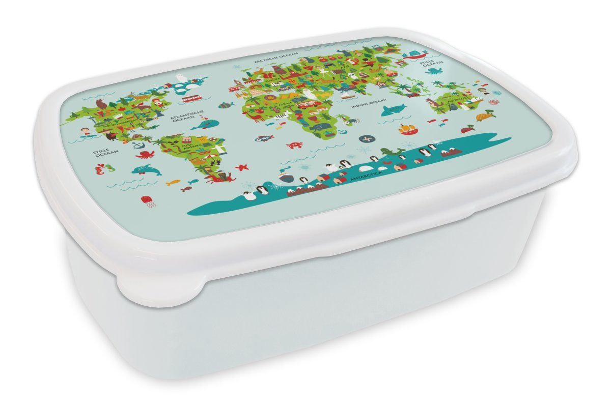 MuchoWow Lunchbox Weltkarte Kinder - Farben - Grün, Kunststoff, (2-tlg), Brotbox für Kinder und Erwachsene, Brotdose, für Jungs und Mädchen weiß