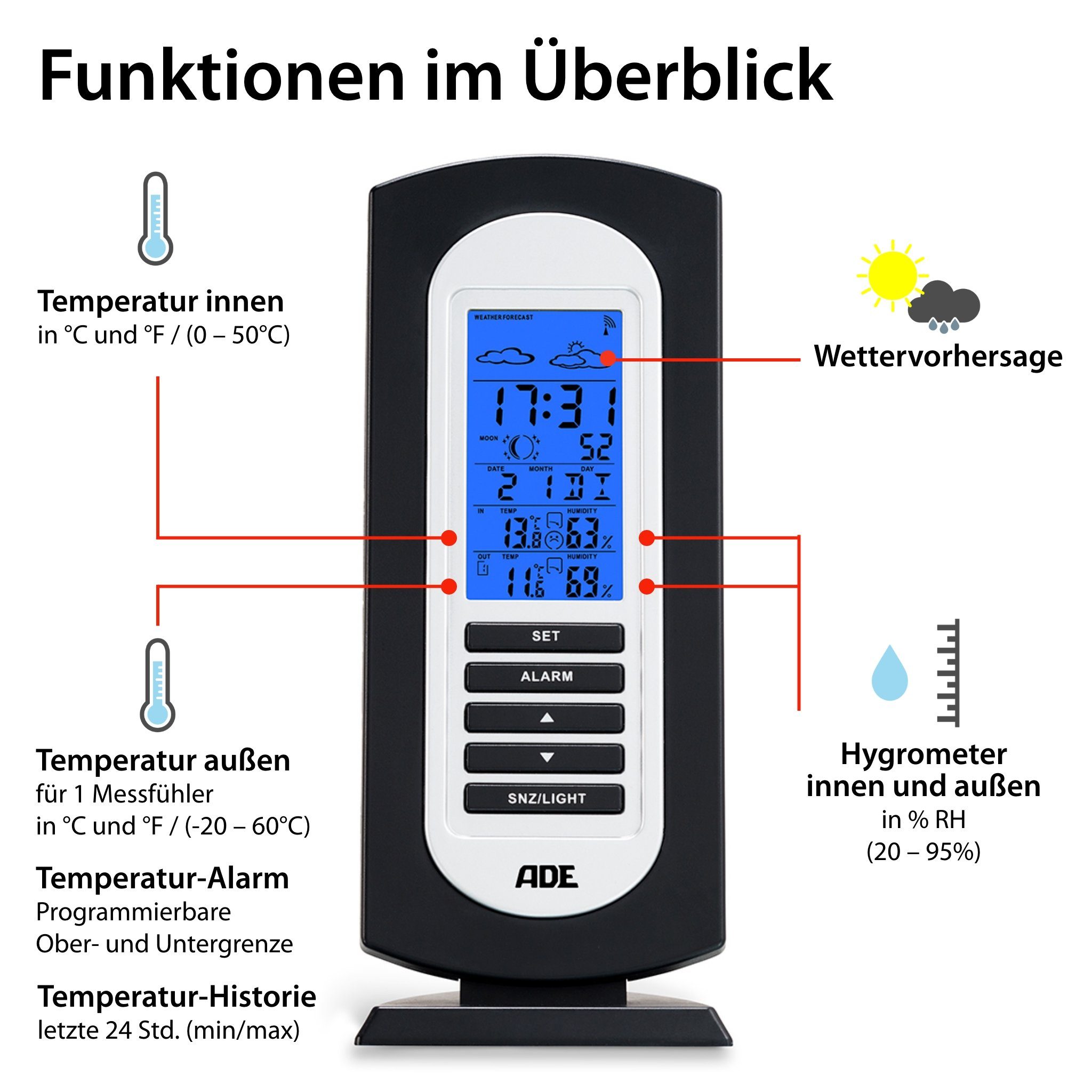 ADE mit Außensensor, Wetterstation Luftfeuchtigkeit, Wettervorhersage) mit Funkwetterstation Uhrzeit, Funk (mit Außensensor, Temperatur, Vorhersage