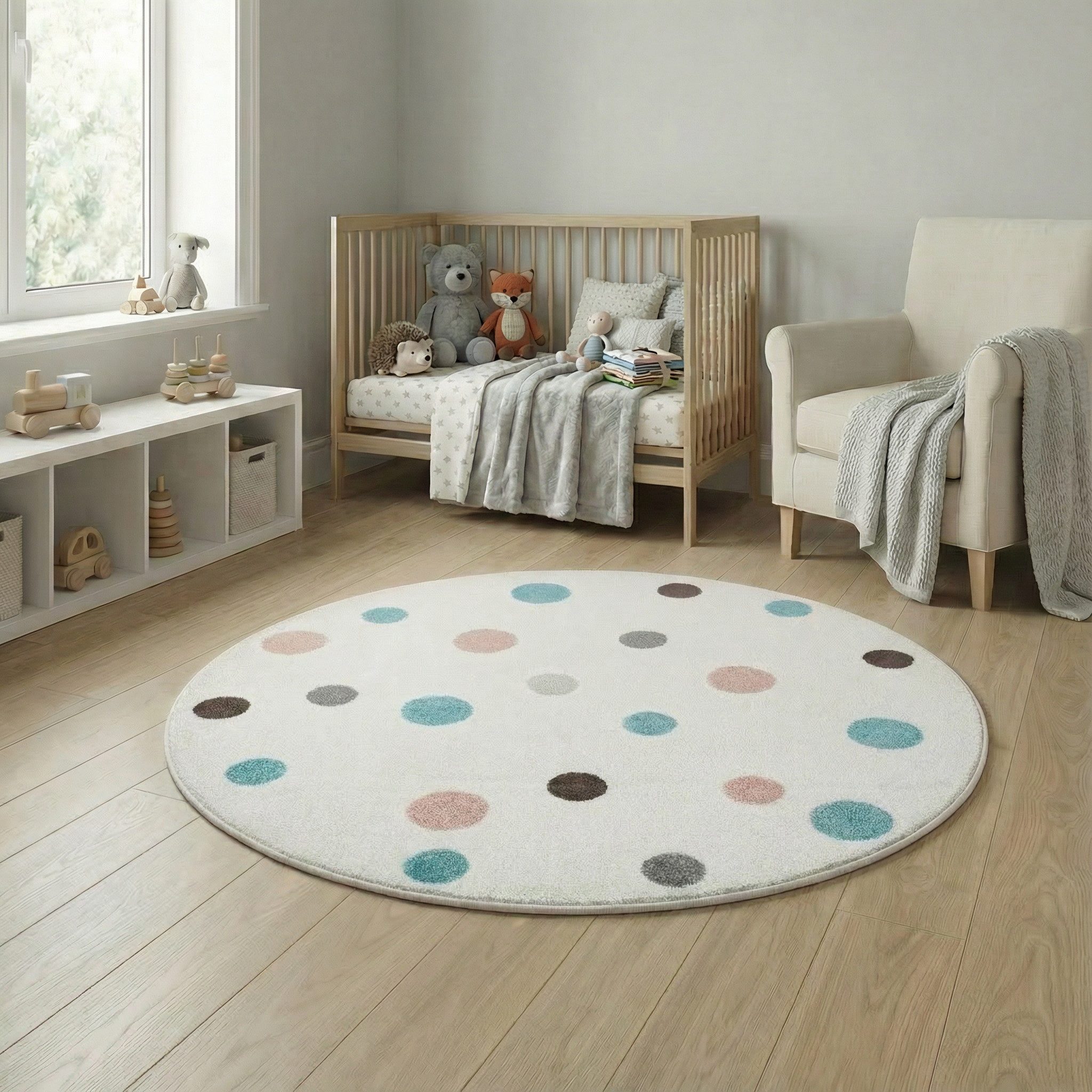 Jimri Kinderteppich DOT´S Teppiche für Kinderzimmer, Kinderzimmerteppich, Teppich, Rund, Regenbogen