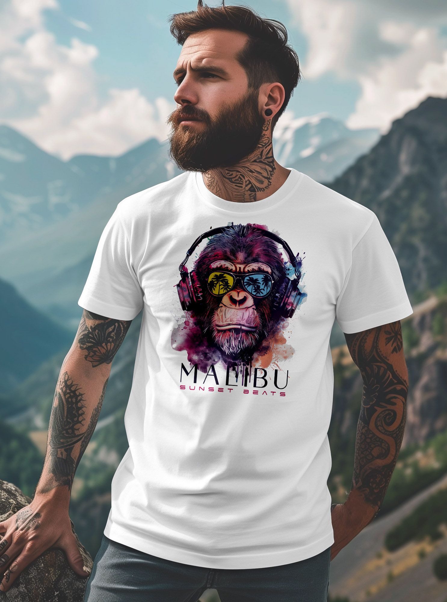 Neverless Print-Shirt Herren T-Shirt Affe mit Kopfhörer Musik Motiv Party Festival Sommer mit Print