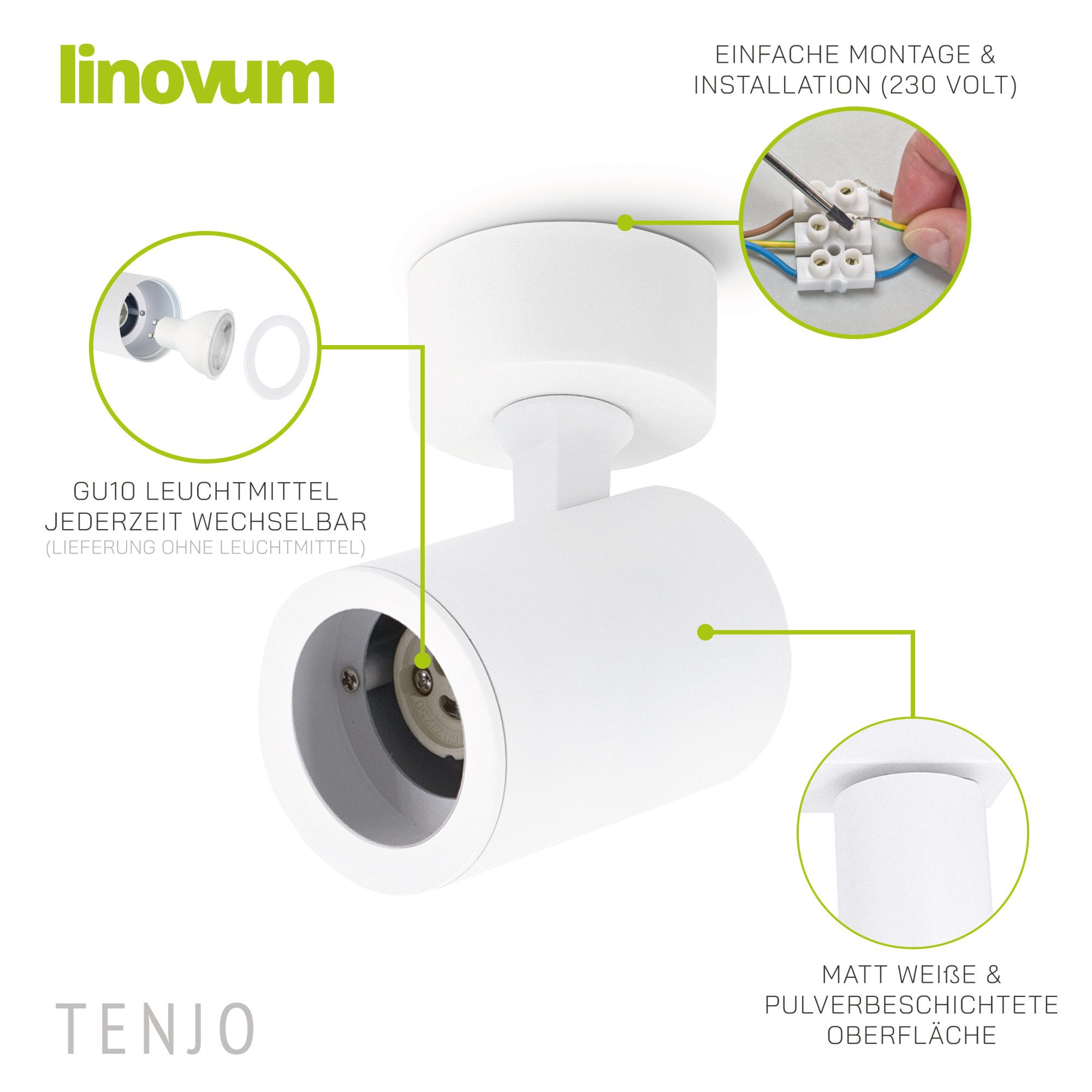 linovum LED Aufbaustrahler TENJO Aufputz Deckenspot Wandstrahler schwenkbar & drehbar in weiss