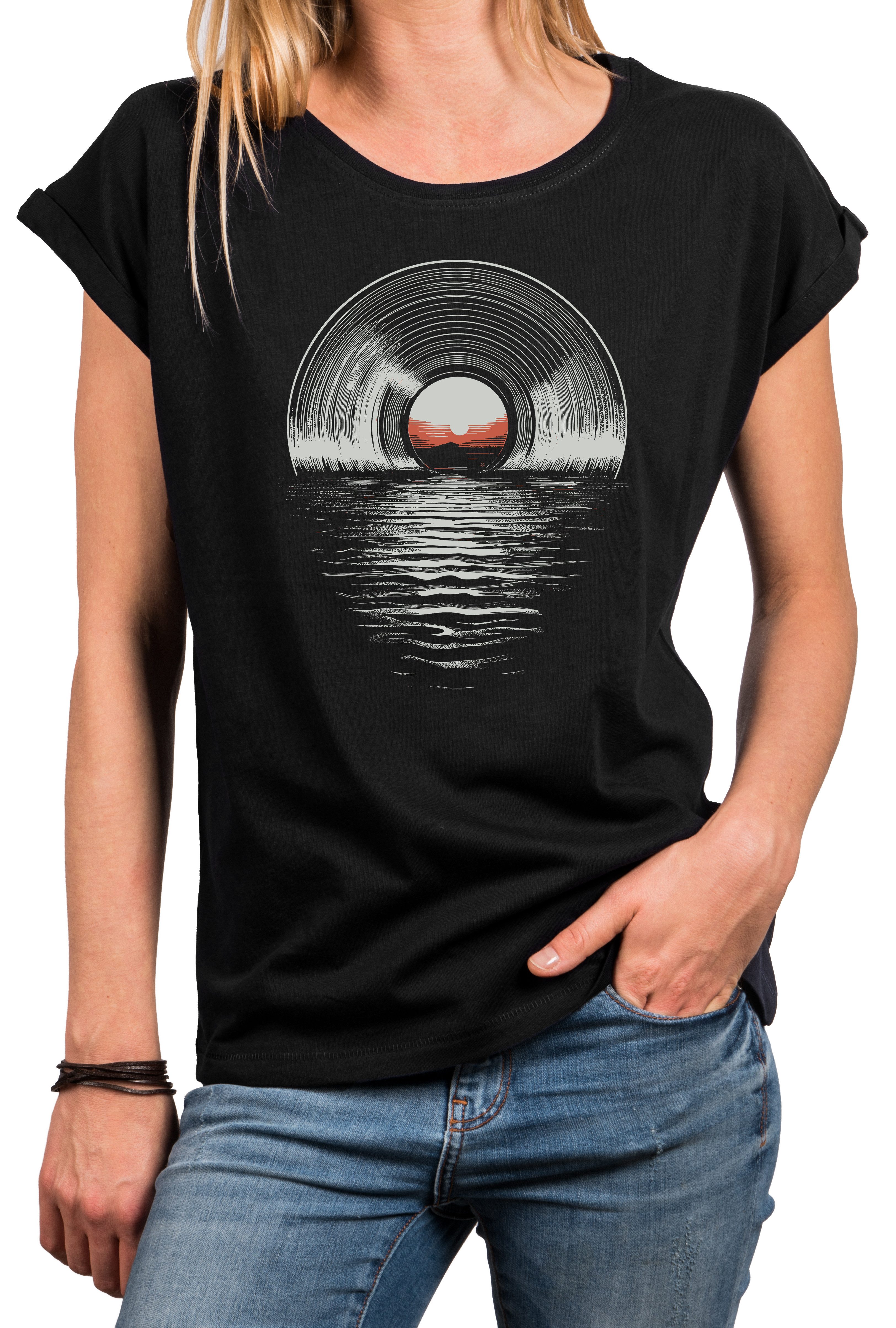 MAKAYA T-Shirt Damen-Top mit Schallplatten-Motiv – Retro-Festival-Design (Schwarz, Blau, Dunkelgrau, 34, 36, 38, 40, 42, 44, 46, 48, 50) Baumwolle
