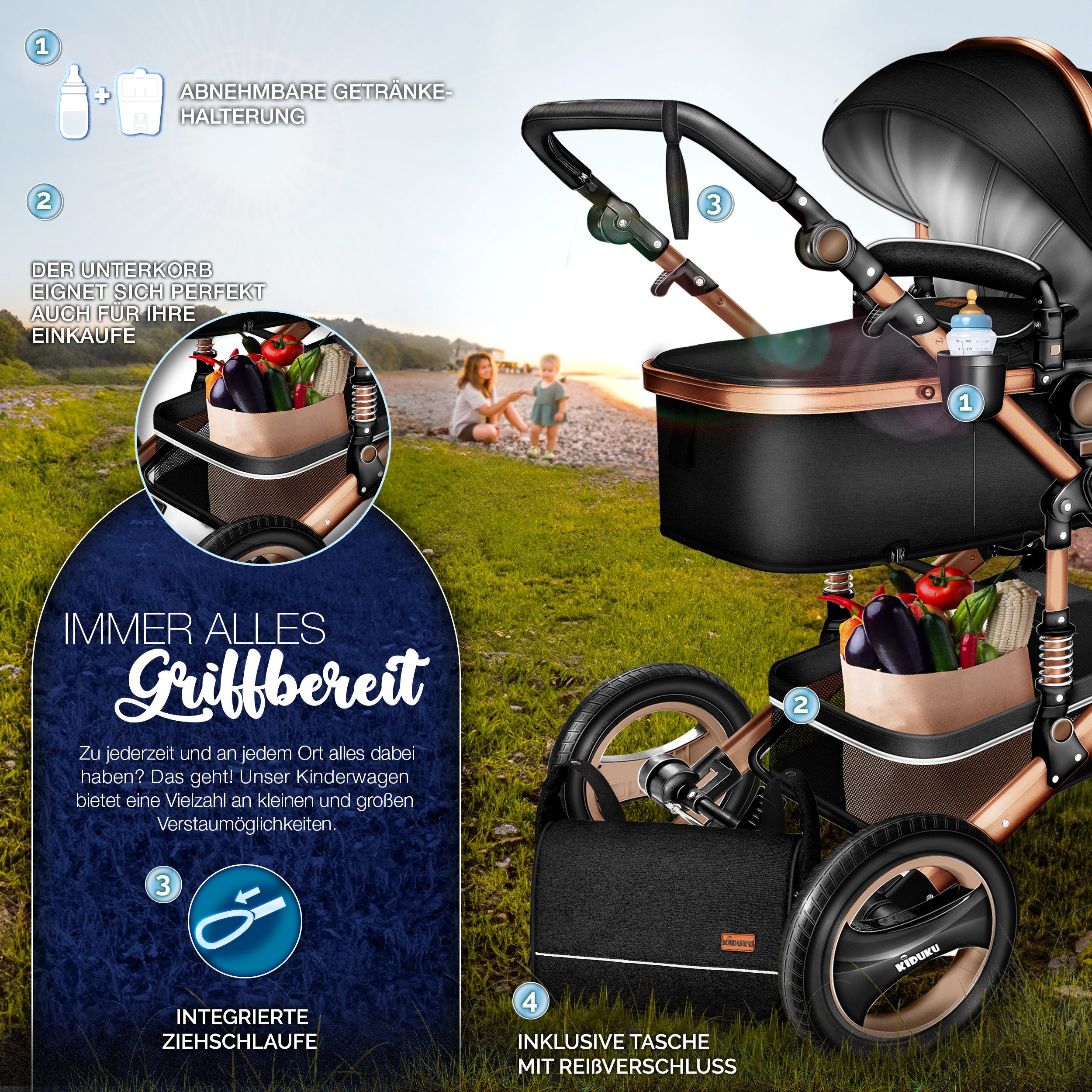 KIDUKU Kombi-Kinderwagen KIDUKU® 3 in 1 Kombi-Kinderwagen Buggy Reisebuggy inkl. Auto- Babyscha, Kindertisch