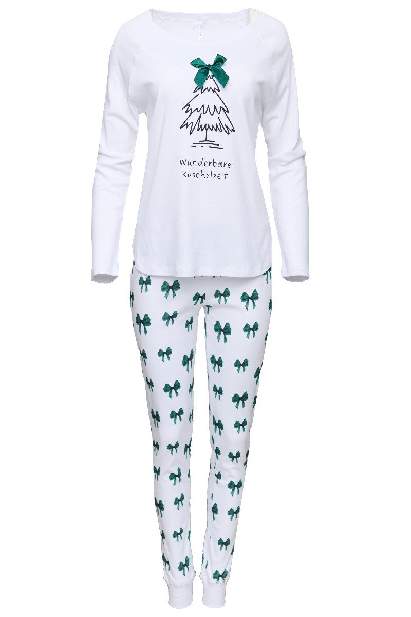 Louis & Louisa Schlafanzug Pyjama Damen - WUNDERBARE KUSCHELZEIT - weiß/grün