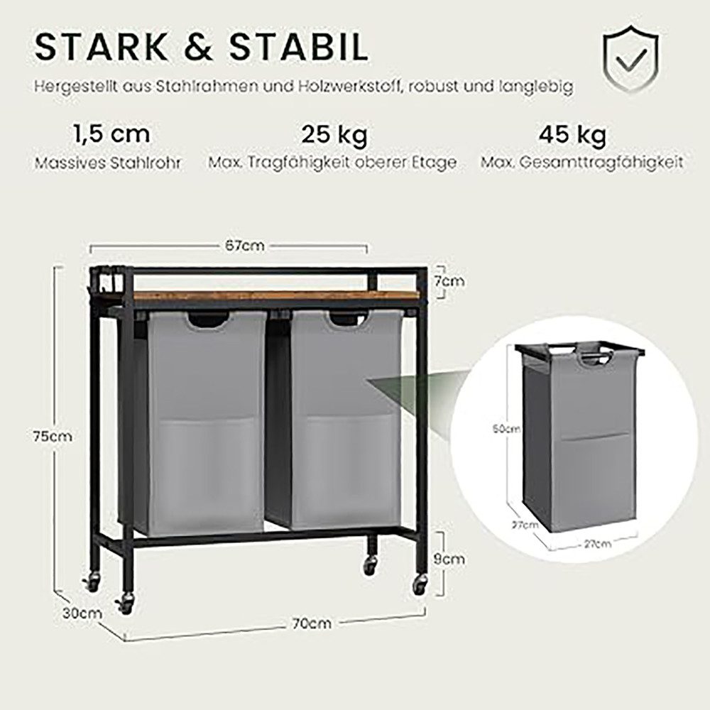 EUGAD Wäschekorb (1 St), Wäschesammler, mit Rollen, Ablage, Haken, ausziehbar abnehmbar