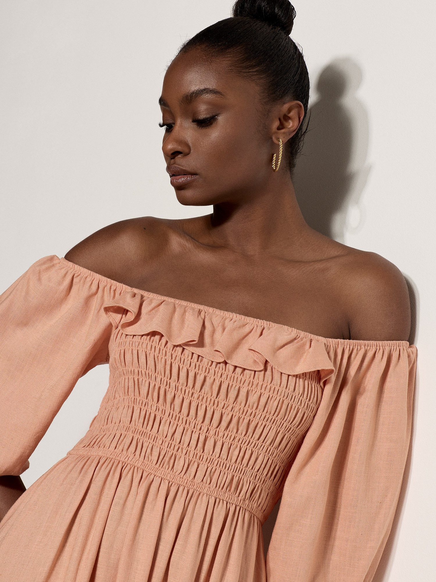 Apricot Maxikleid Langes Kleid mit Bardot-Ausschnitt mit Raffungen