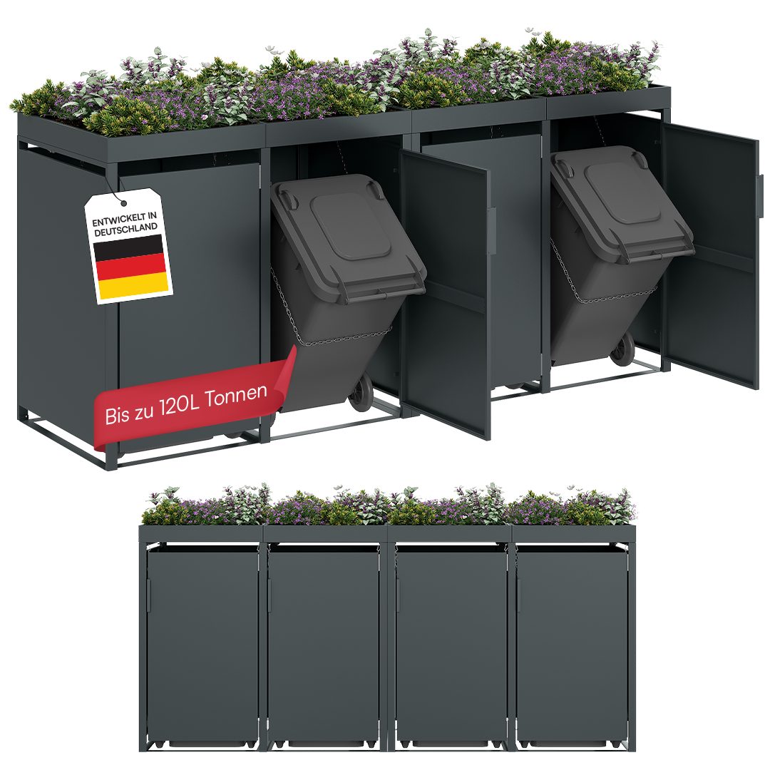 STEELSØN Mülltonnenbox Thoria mit Pflanzendach, Mülltonnenverkleidung aus Stahl (Anthrazit, 120 L, verfügbar mit 1, 2, 3, 4, oder 5 Türen), für 4 Tonnen