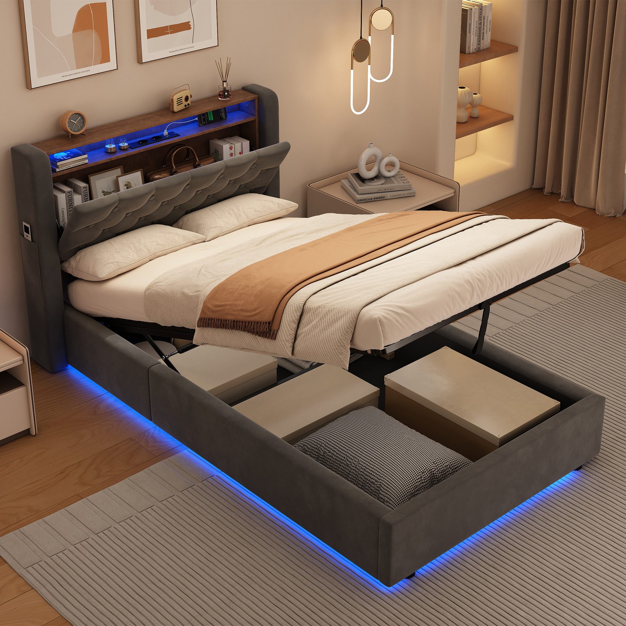 REDOM Polsterbett Hollandvelours-Bezug, mit Stauraum & Ablage (Funktionsbett, 1-tlg., Robuster Metallrahmen, Lattenrost inklusive, ohne Matratze), 90x200 cm mit LED-Beleuchtung und USB-Anschlüssen
