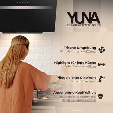 YUNA Kopffreihaube Dunstabzugshaube Schräghaube DUSANKA, 60 cm, Umluft, Abluft, schwarz, 60cm breit, LED-Beleuchtung, Abluft & Umluft, schwarzes Glas