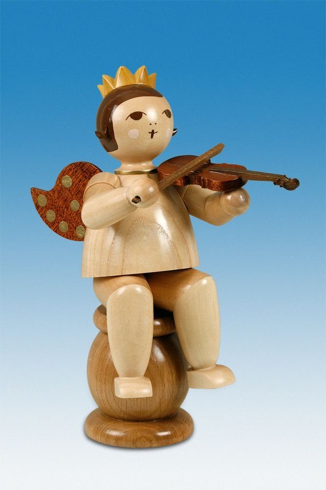 Engelfigur Holzfigur Engel Kantenhocker mit Geige sitzend natur ohne Krone Höhe