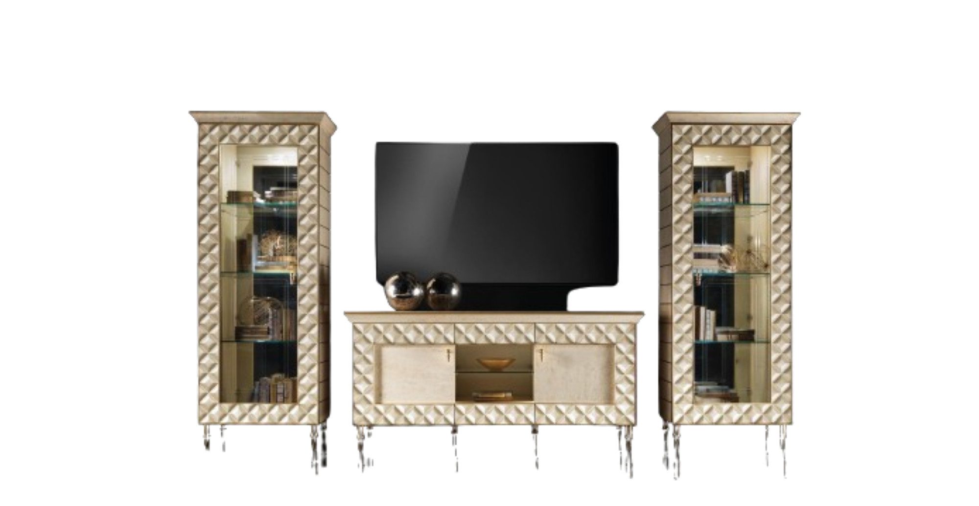 Xlmoebel Wohnwand Vitrine rtv Sideboard Schrank Wand Barock Rokoko Design Möbel, (3-St., 2x Vitrine + TV-RTV), Hergestellt in Europa