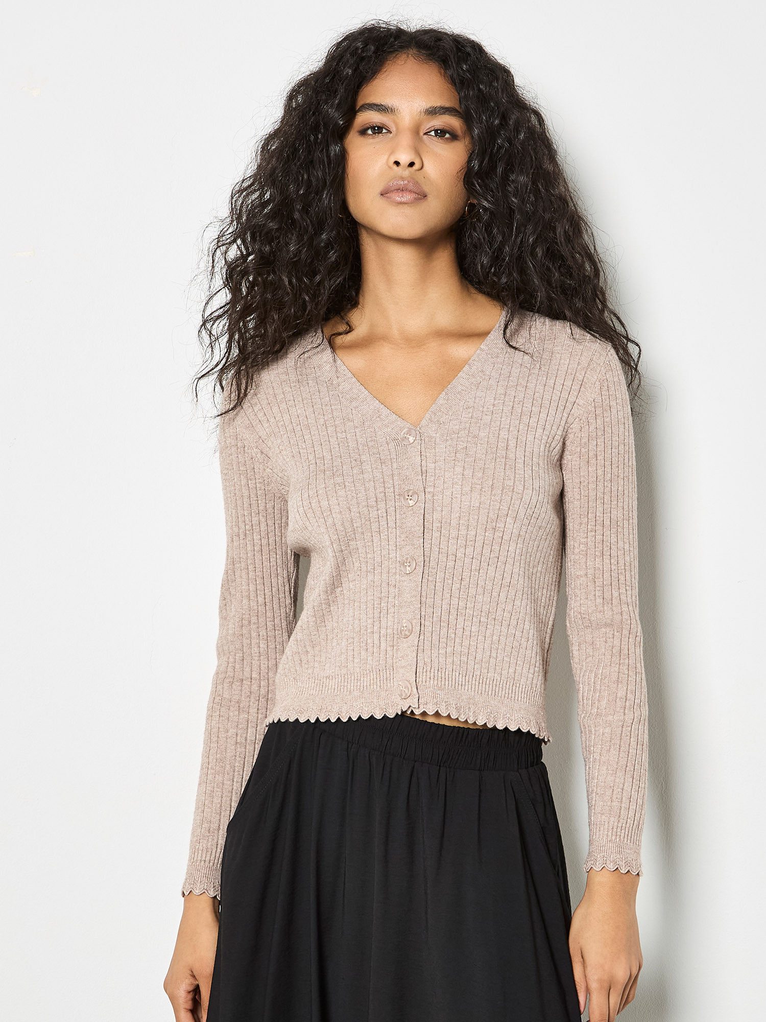 Apricot Cardigan Gerippte Strickjacke mit Wellenkante in unifarben