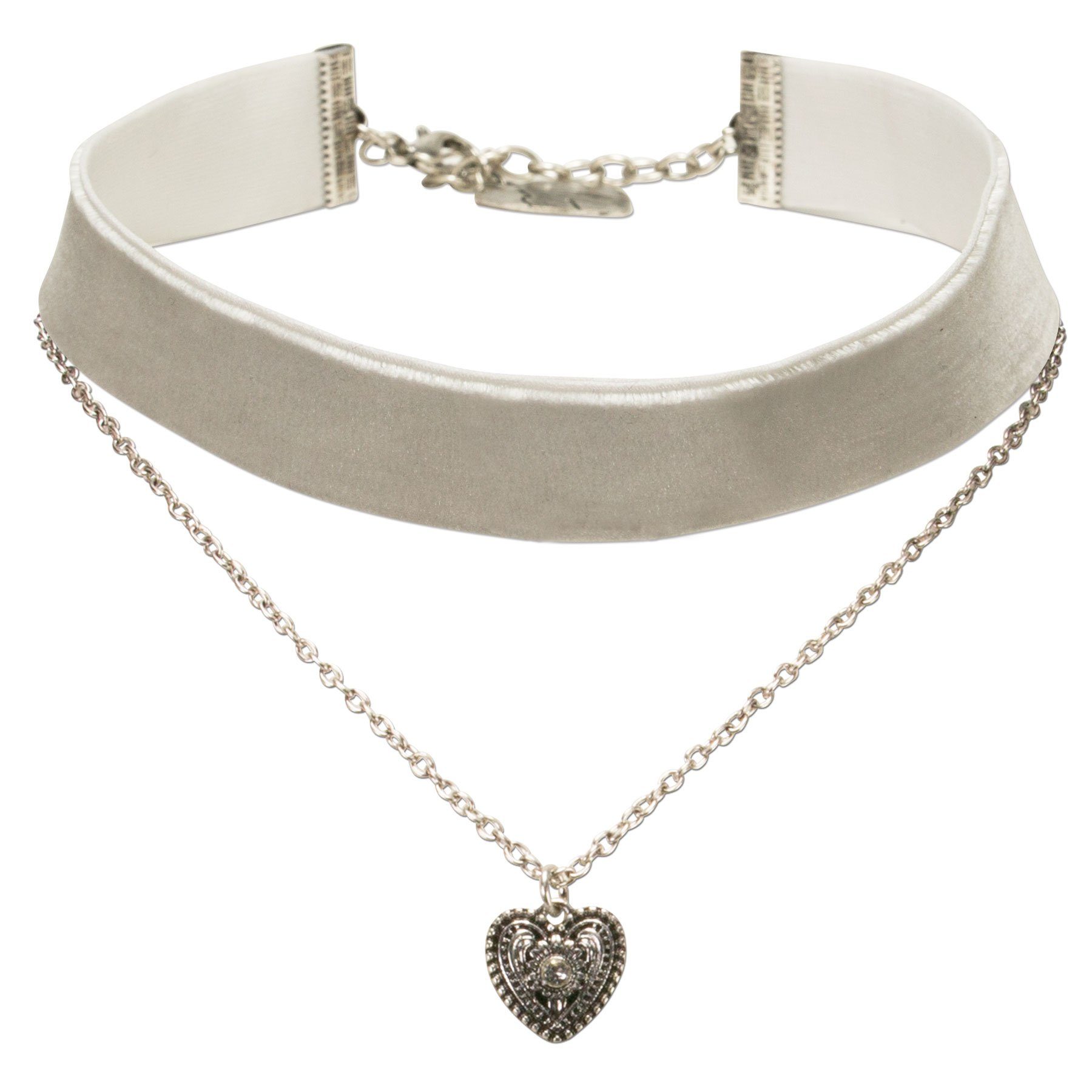 Alpenflüstern Choker Trachten-Samt-Kropfband Trachtenherz-Kette (grau), - nostalgische Trachtenkette enganliegend, Kropfkette elastisch, Damen
