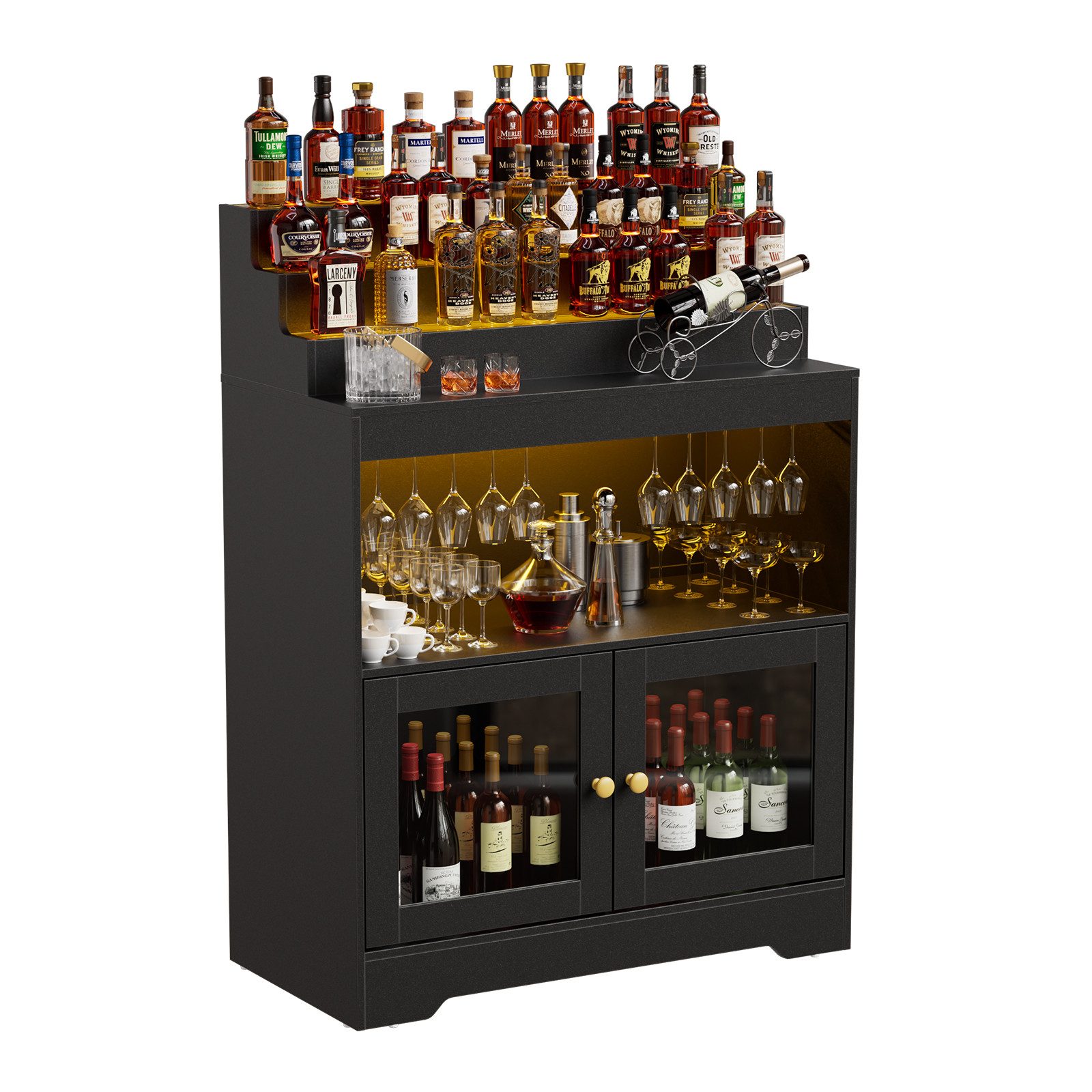 PEALOV Barschrank mit RGB-LED-Beleuchtung, Weinschrank mit Weinglashalter und Glastüren (1-St) 3-stöckiges Flaschenregal, Küchenschrank, Pantryschrank, 79,8x108cm