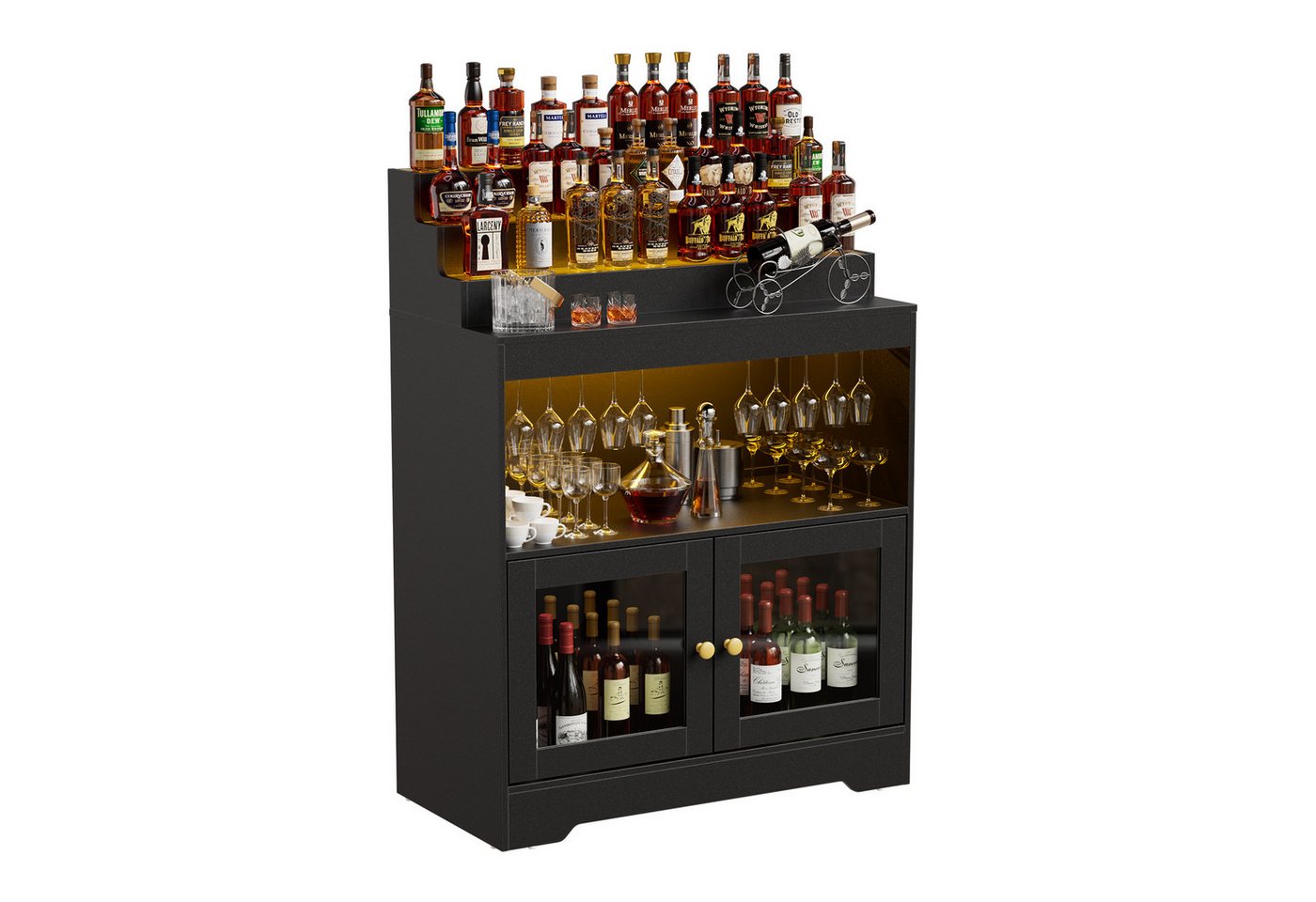 PEALOV Barschrank mit RGB-LED-Beleuchtung, Weinschrank mit Weinglashalter und Glastüren (1-St) 3-stöckiges Flaschenregal, Küchenschrank, Pantryschrank, 79,8x108cm