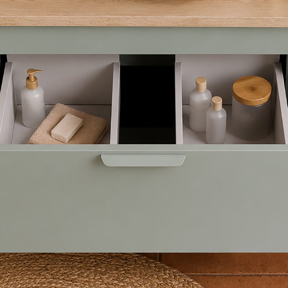Lomadox Waschtisch ALASSIO-56, 60 cm breit,Waschbecken, Grün matt mit Eiche, 2 Schubladen