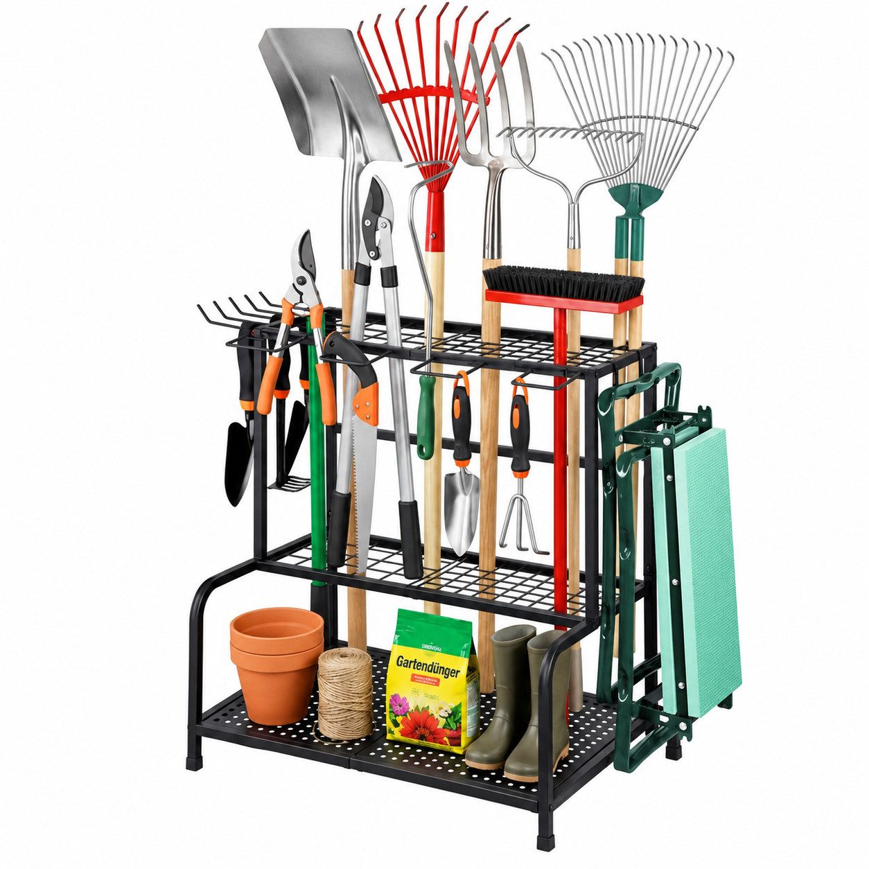 Toomoke Gartengerätehalter Werkzeugständer, Gartenwerkzeug Organizer 3 Ebenen 74×41×66cm, (bis 90 kg, Kohlenstoffstahlmaterial, für Garage, …