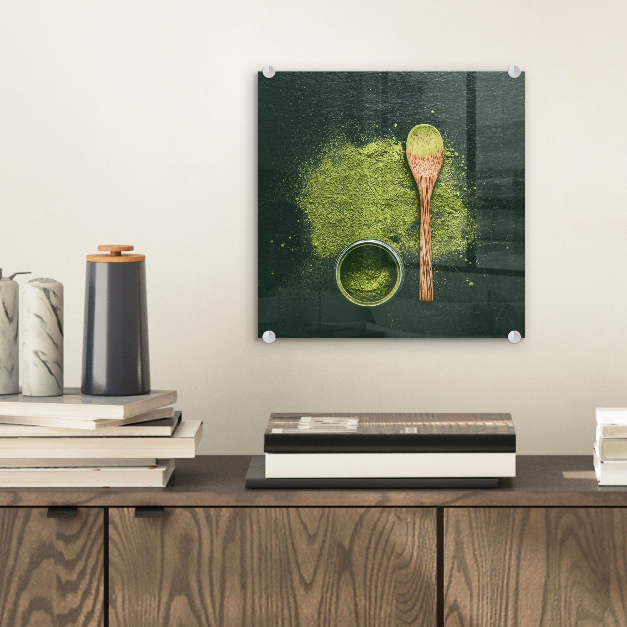 - grünem - St), (1 Glasbilder MuchoWow Hintergrund, Glas Acrylglasbild auf Grünes auf Glas auf Matcha-Pulver - Wandbild Bilder Foto Wanddekoration