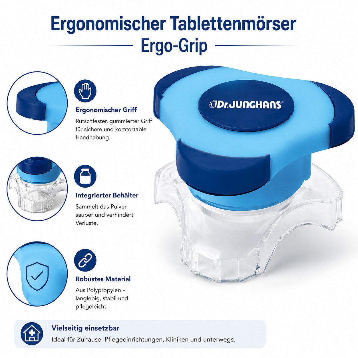 Dr. Junghans Medical GmbH Pillendose Tablettenmörser Ergo Grip – mit integriertem Lagerfach, Robust, Effizient, leicht zu handhaben