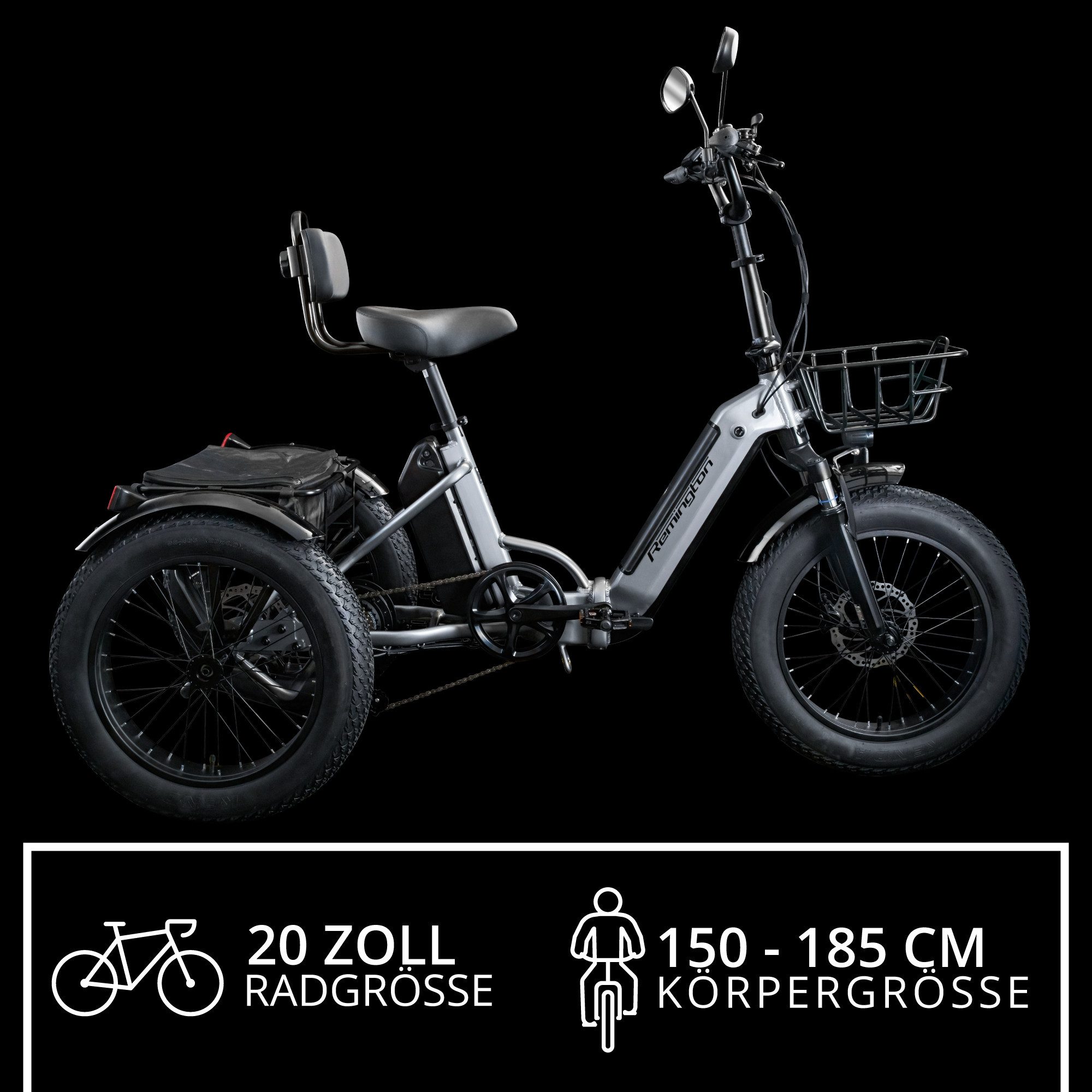 Remington E-Bike Dreirad R100, 7 Gang Shimano TY300 Schaltwerk, Kettenschaltung, Heckmotor, 468 Wh, E Bike Elektro Dreirad 20 Zoll Elektrodreirad 2 Akkus 120km