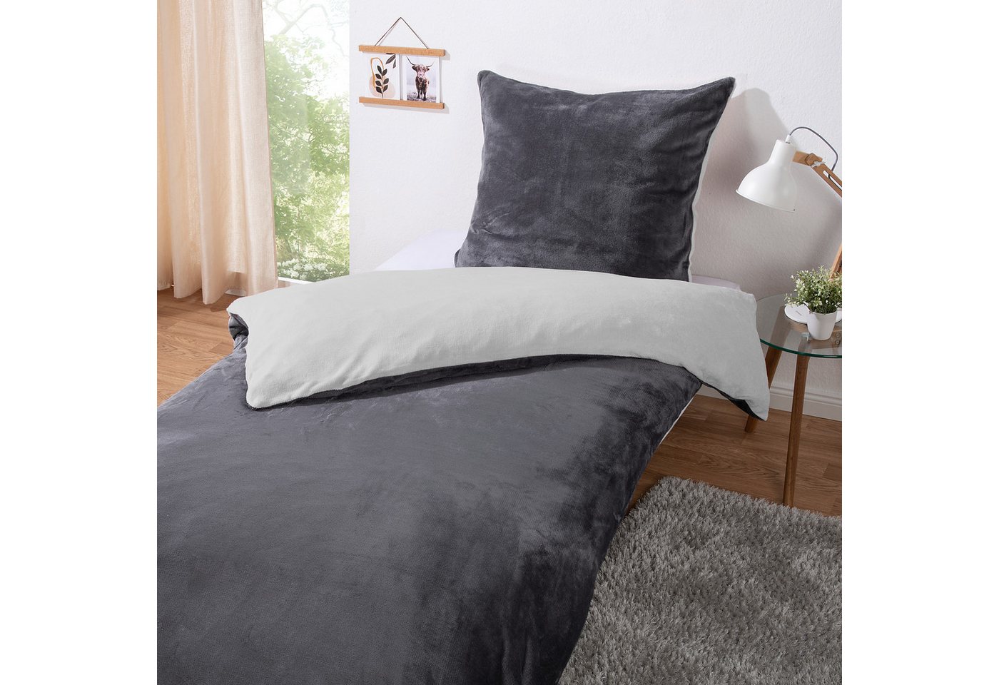 heimtexland Bettwäsche kuschelige Winter Wende-Bettwäsche Cashmere Touch, Microfaser, Kopfkissen 80x80 I Bettdecke 135x200 I anthrazit